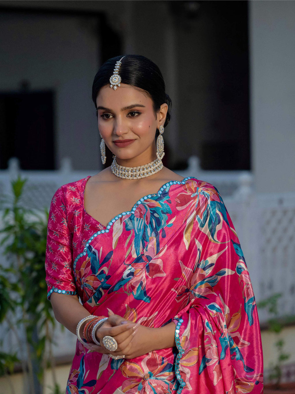 Rani Pink Chinon Digital Print Saree with Mirror Work