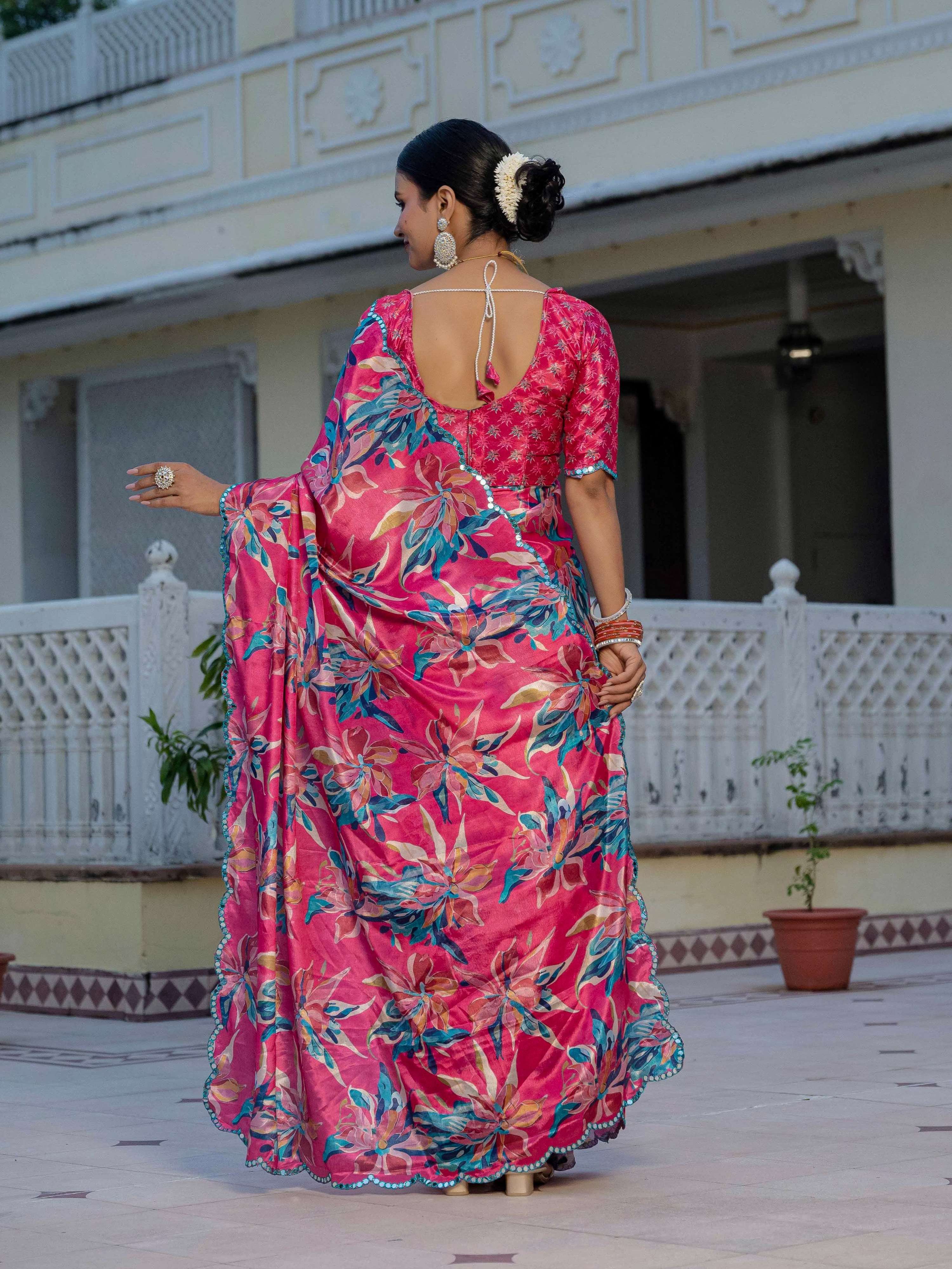 Rani Pink Chinon Digital Print Saree with Mirror Work
