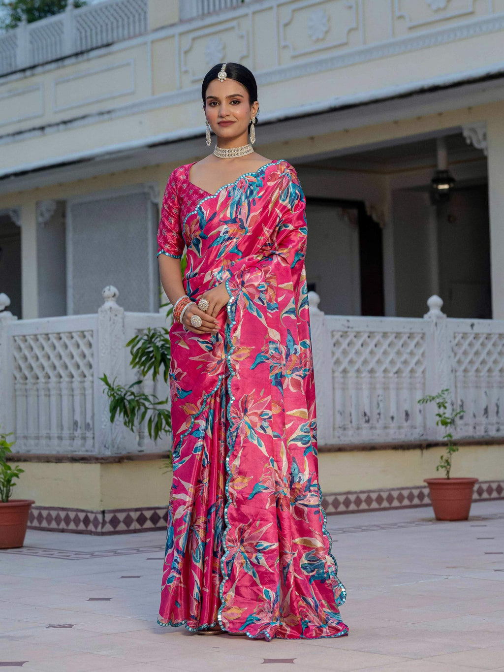 Rani Pink Chinon digital print saree with mirror work accents