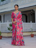 Rani Pink Chinon digital print saree with mirror work accents