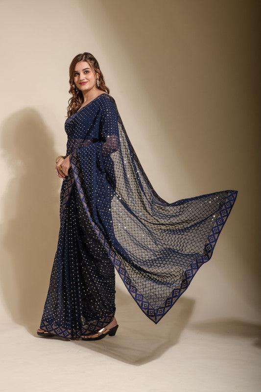 Navy Blue Georgette Saree with Sequence Embroidery and Blouse