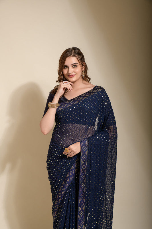 Navy Blue Georgette Saree with Sequence Embroidery and Blouse