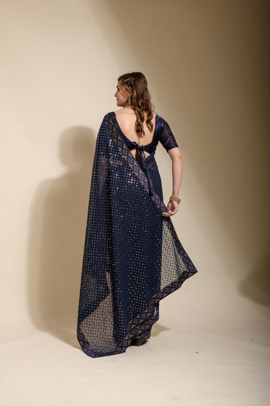 Navy Blue Georgette Saree with Sequence Embroidery and Blouse