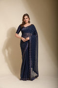 Navy blue georgette saree with sequence embroidery and matching blouse piece