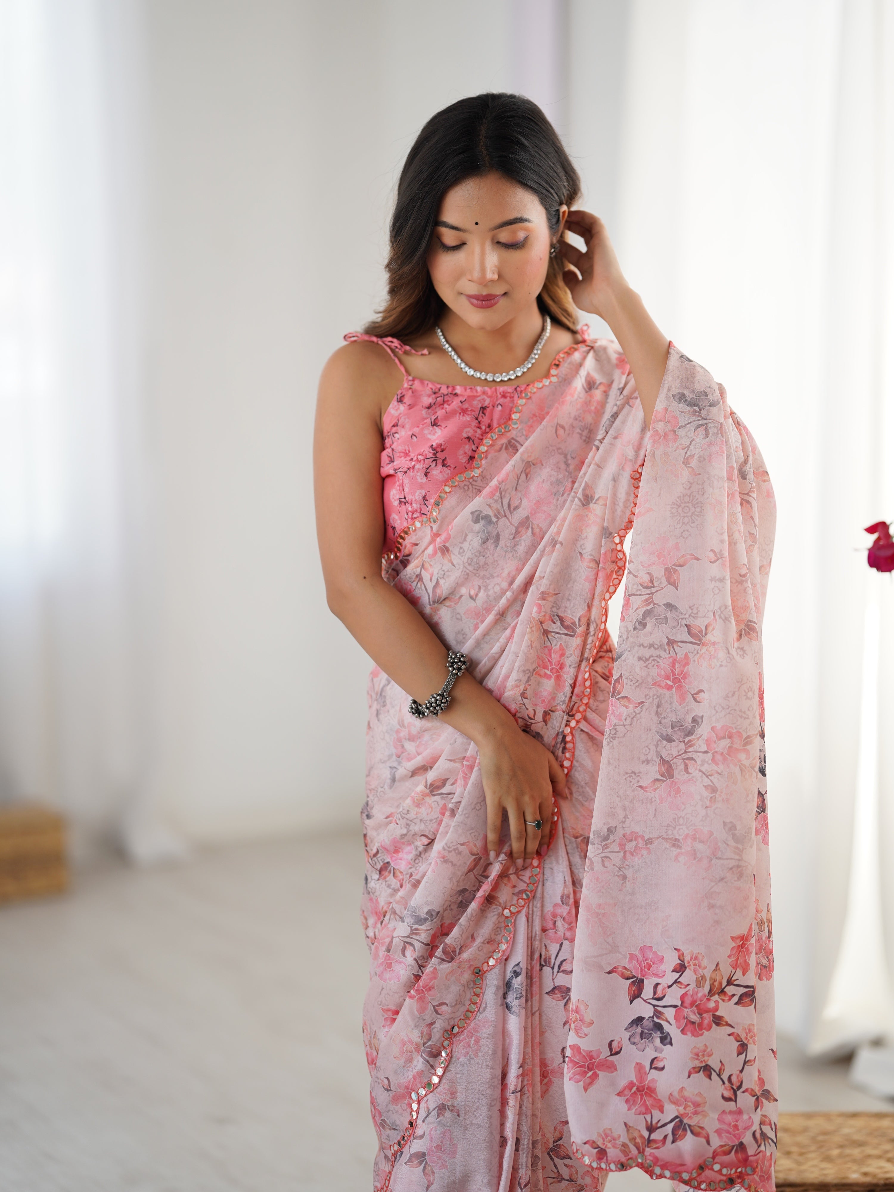 Pink Chinon Digital Printed Designer Saree with Mirror Lace Border