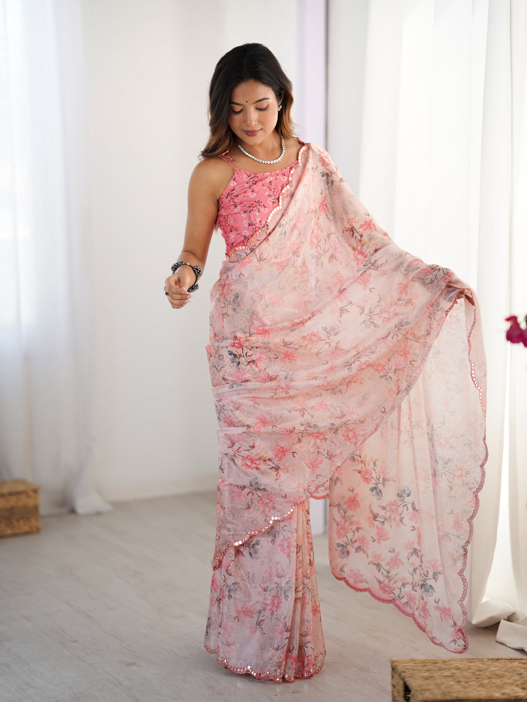 Pink Chinon digital printed saree with mirror lace border