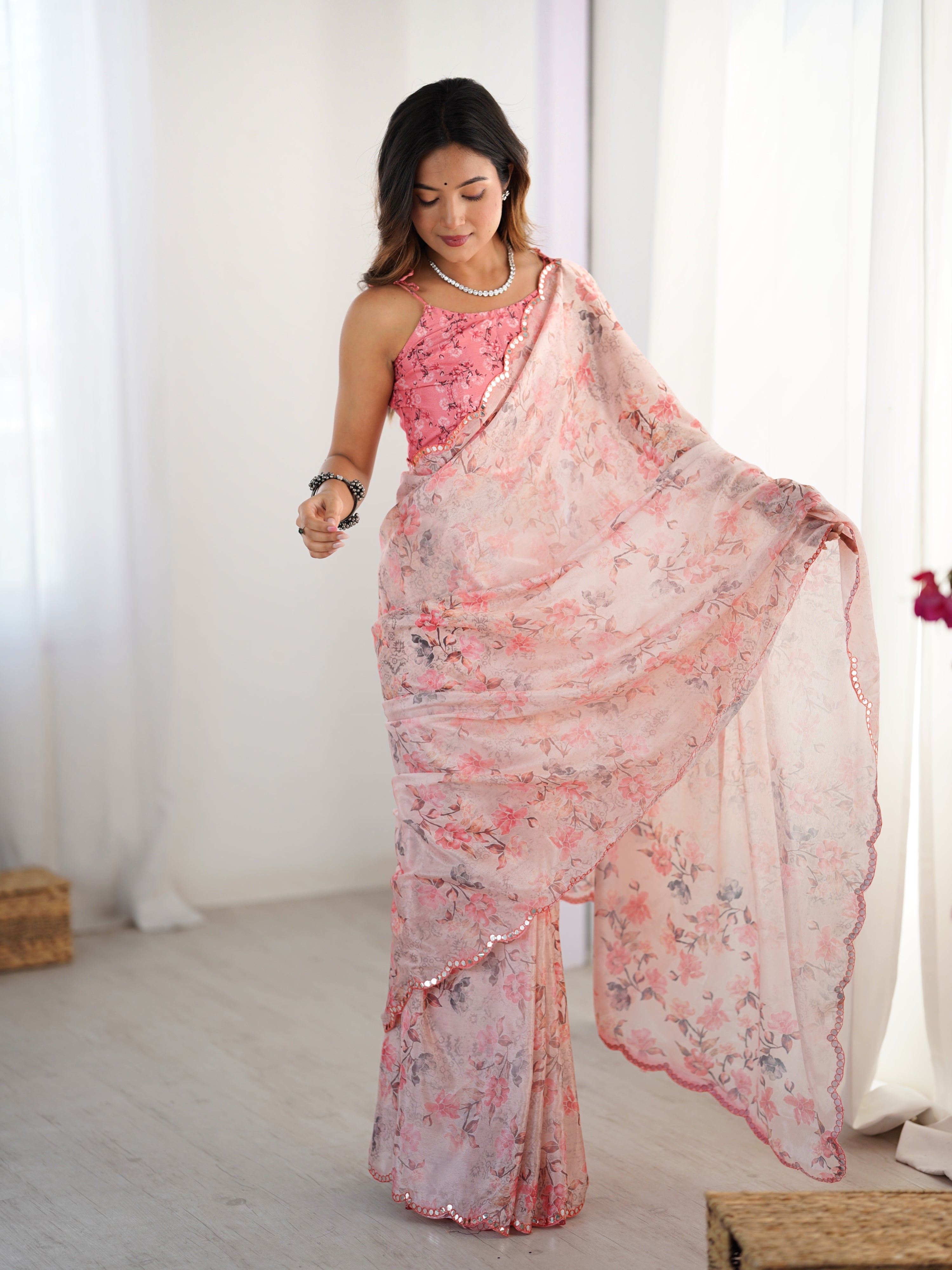 Pink Chinon digital printed saree with mirror lace border