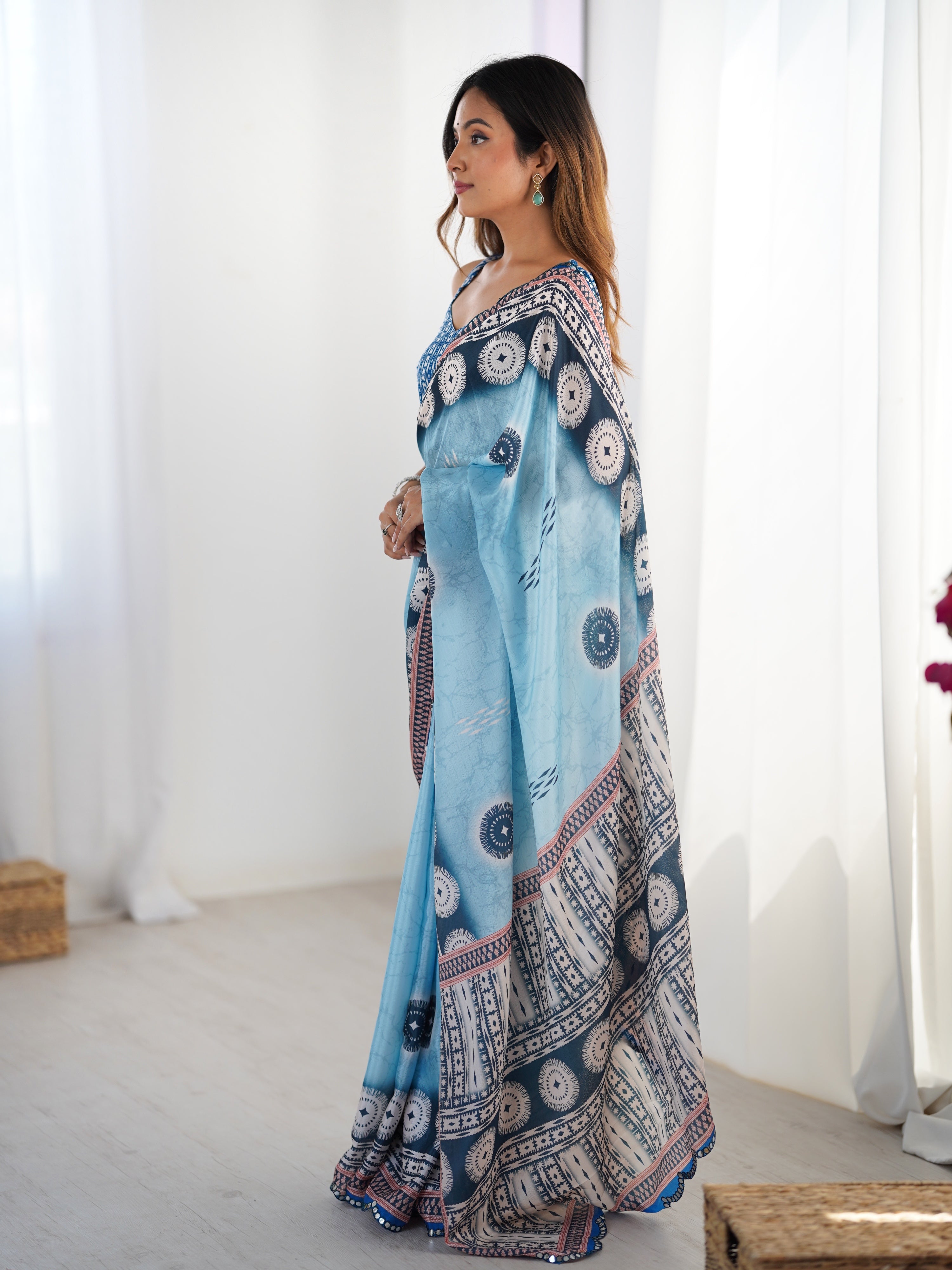 Sky Blue Chinon Digital Printed Saree with Mirror Lace Border
