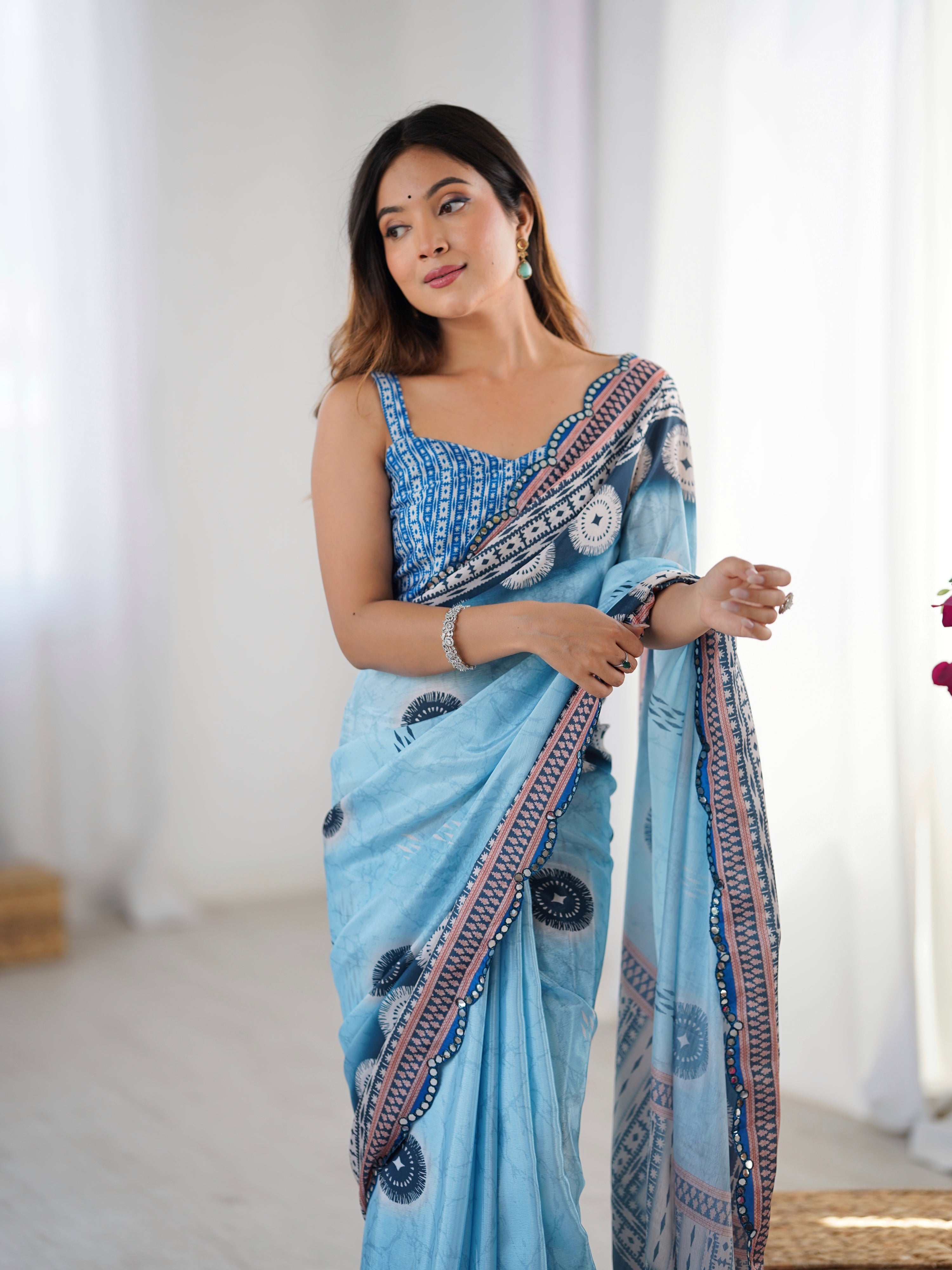 Sky Blue Chinon Digital Printed Saree with Mirror Lace Border
