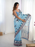 Sky Blue Chinon Digital Printed Saree with Mirror Lace Border