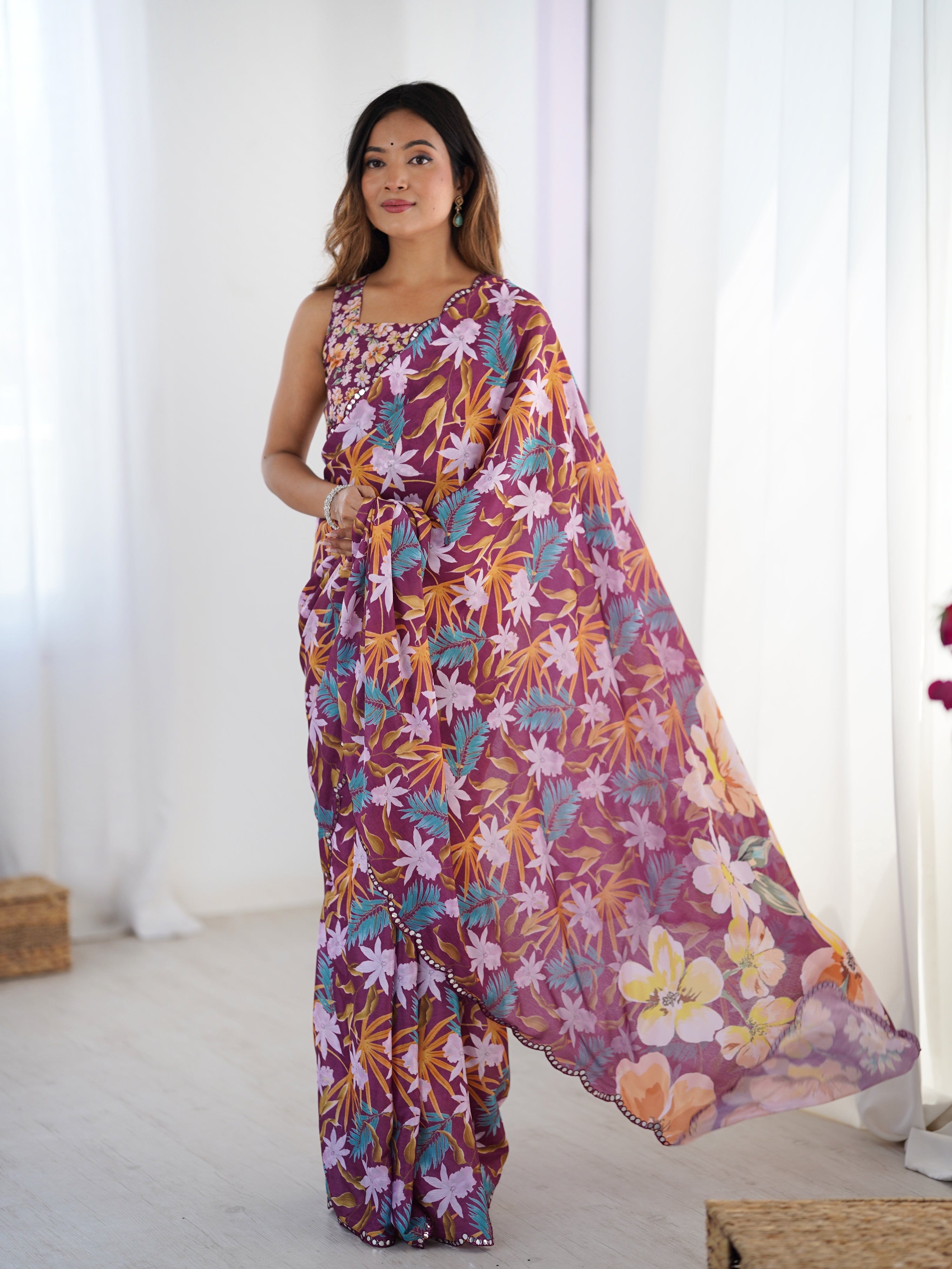 Multicolor Chinon digital printed designer saree with mirror lace border