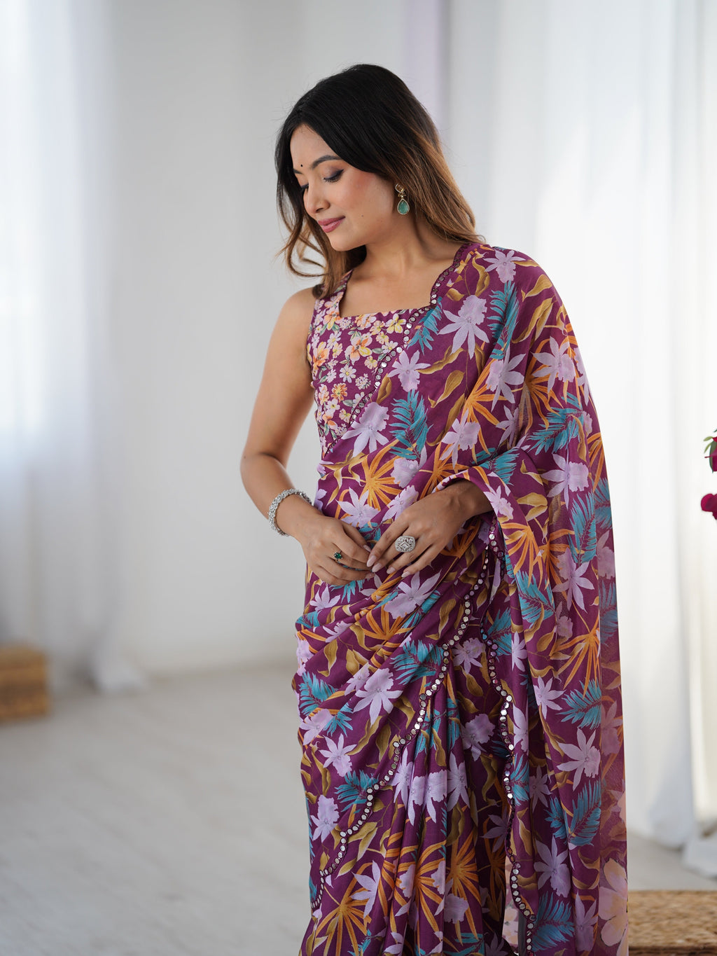 Multicolor Chinon Digital Printed Designer Saree with Border