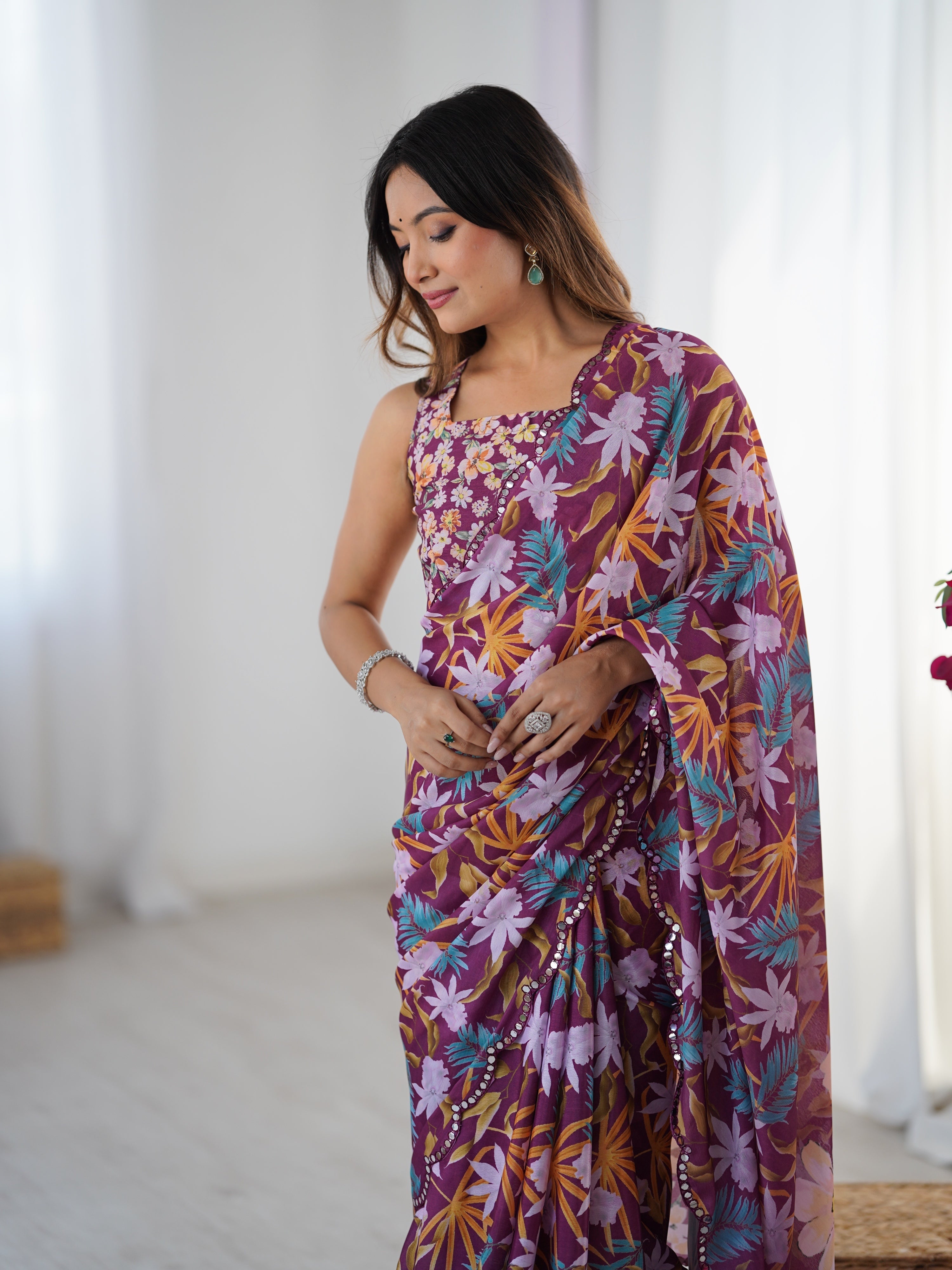 Multicolor Chinon Digital Printed Designer Saree with Border