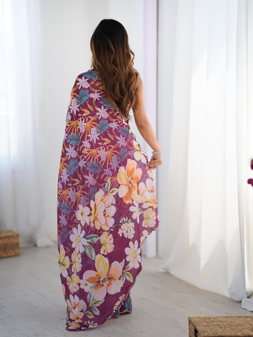 Multicolor Chinon Digital Printed Designer Saree with Border