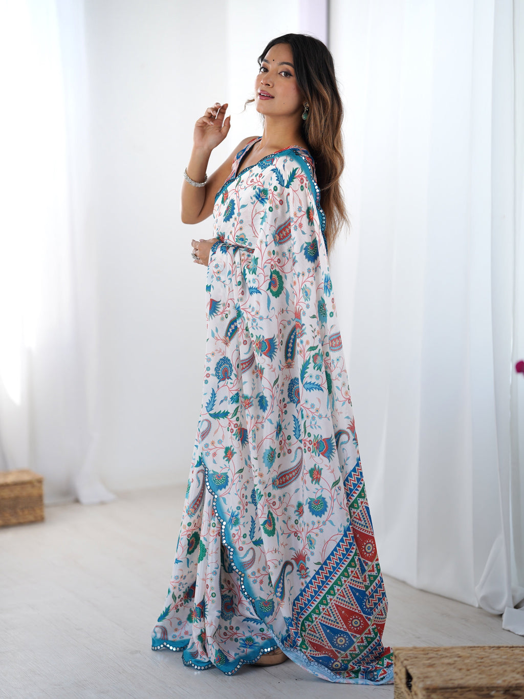 Multicolor Chinon Digital Printed Designer Saree with Mirror Lace