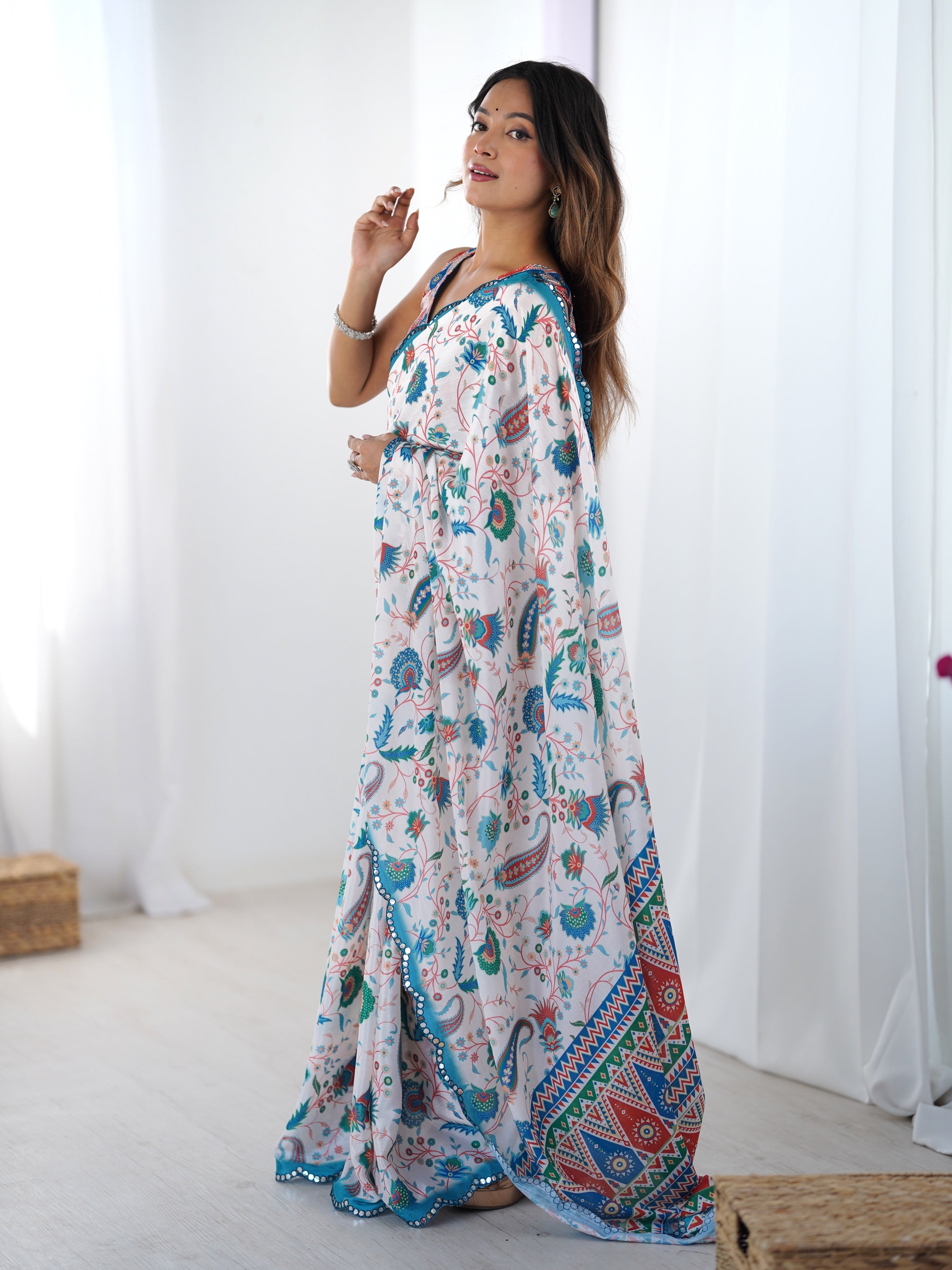 Multicolor Chinon Digital Printed Designer Saree with Mirror Lace