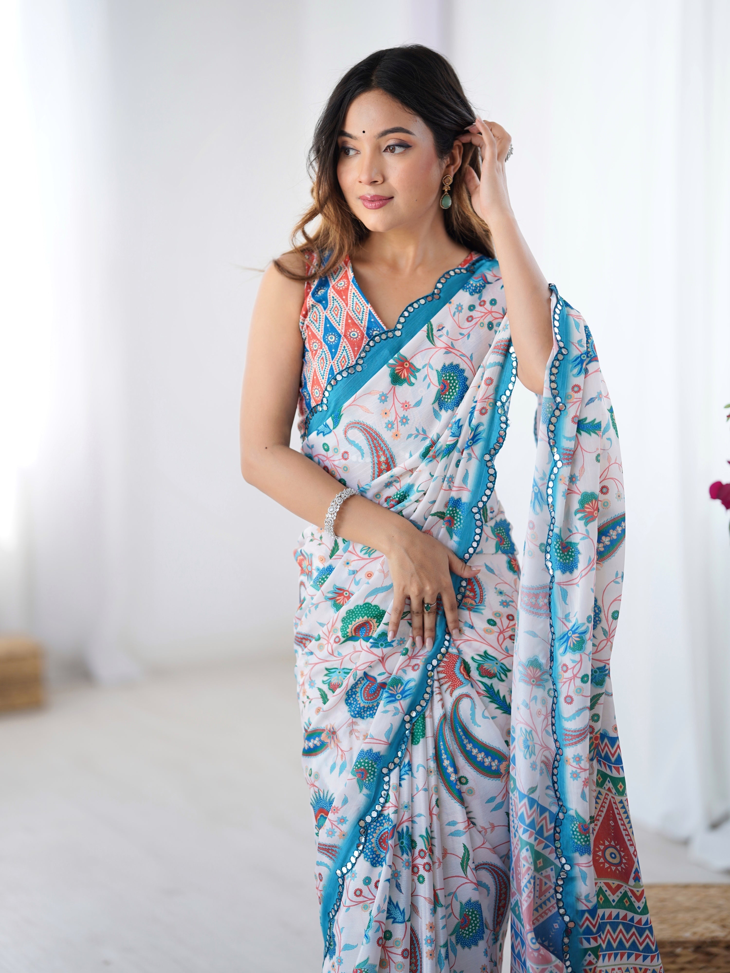 Multicolor Chinon Digital Printed Designer Saree with Mirror Lace