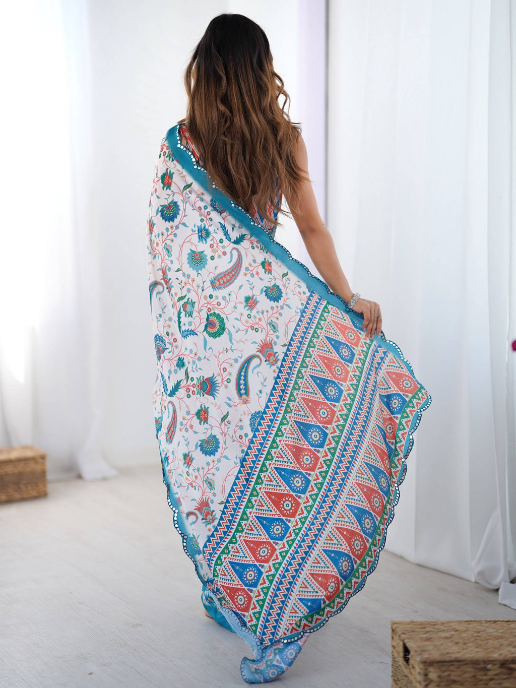 Multicolor Chinon Digital Printed Designer Saree with Mirror Lace