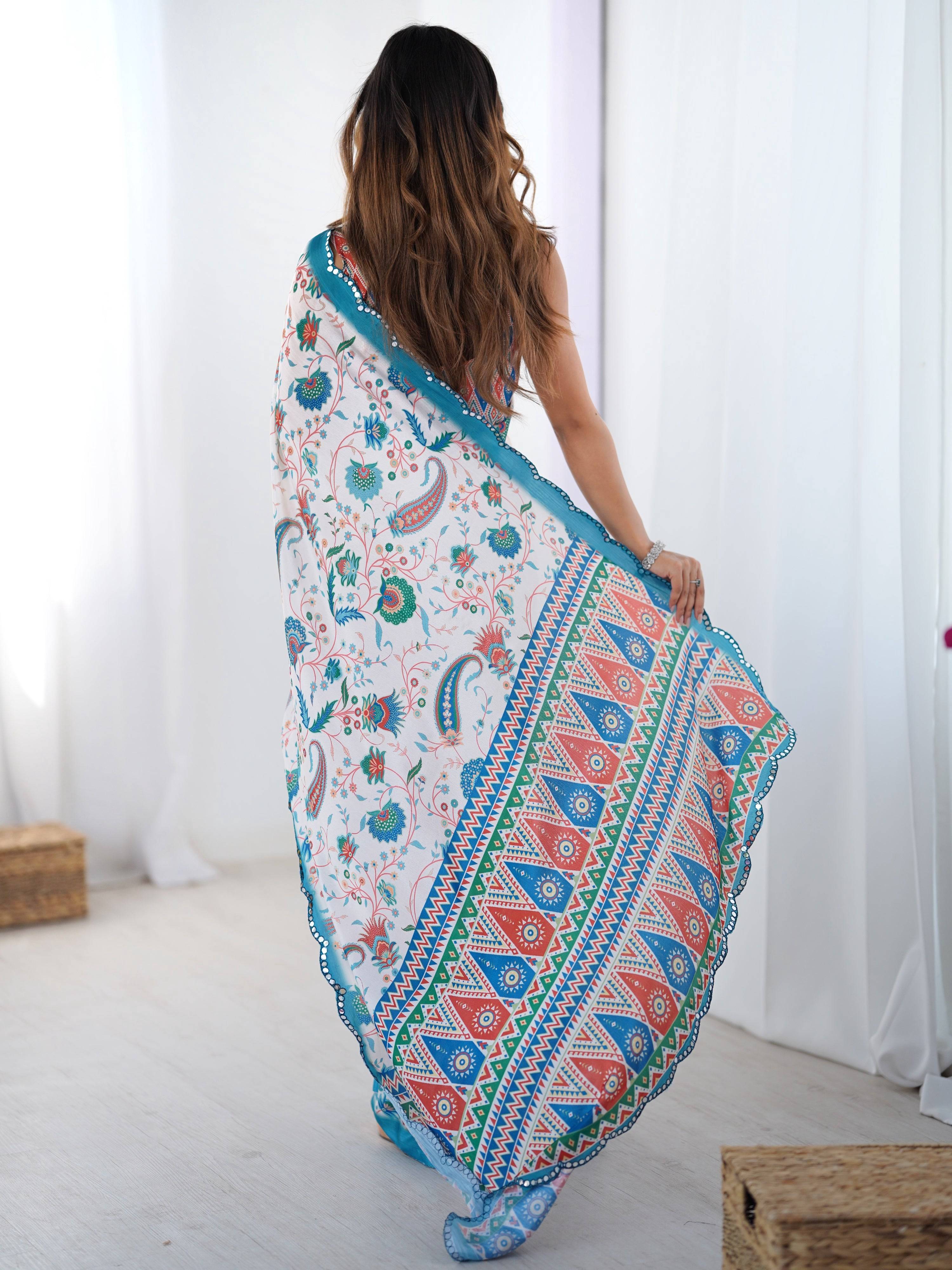 Multicolor Chinon Digital Printed Designer Saree with Mirror Lace