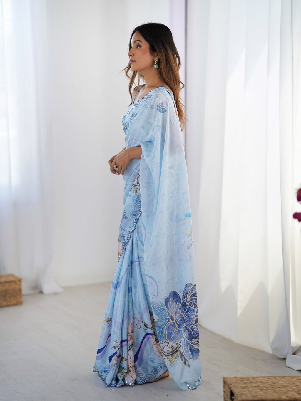 Sky Blue Chinon Digital Printed Saree with Mirror Lace Border