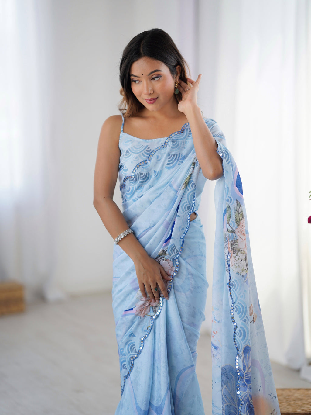 Sky Blue Chinon Digital Printed Saree with Mirror Lace Border