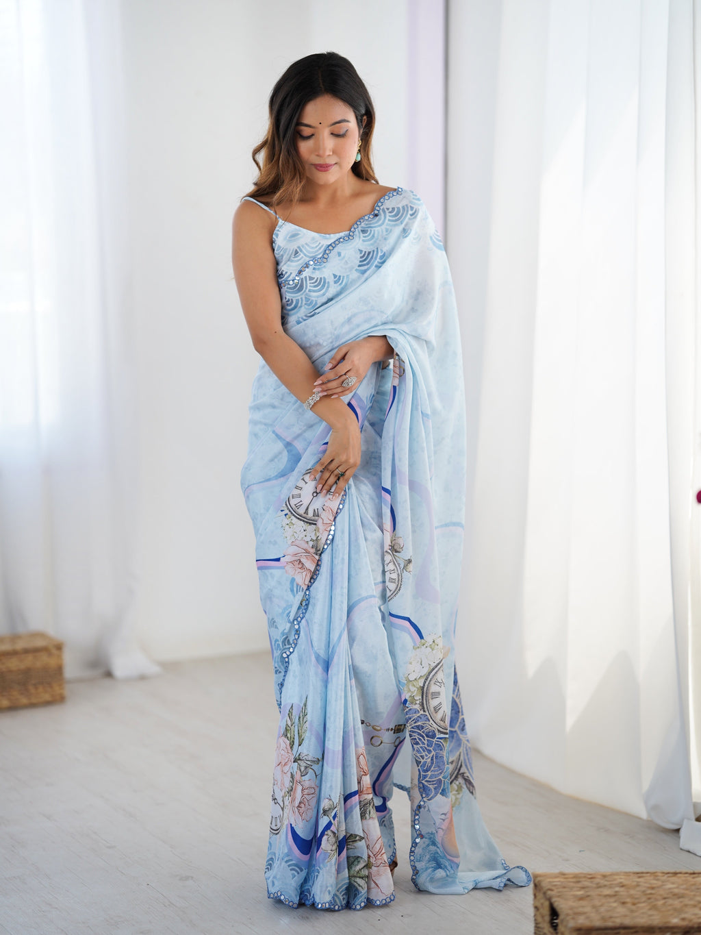 Sky Blue Chinon Digital Printed Saree with Mirror Lace Border