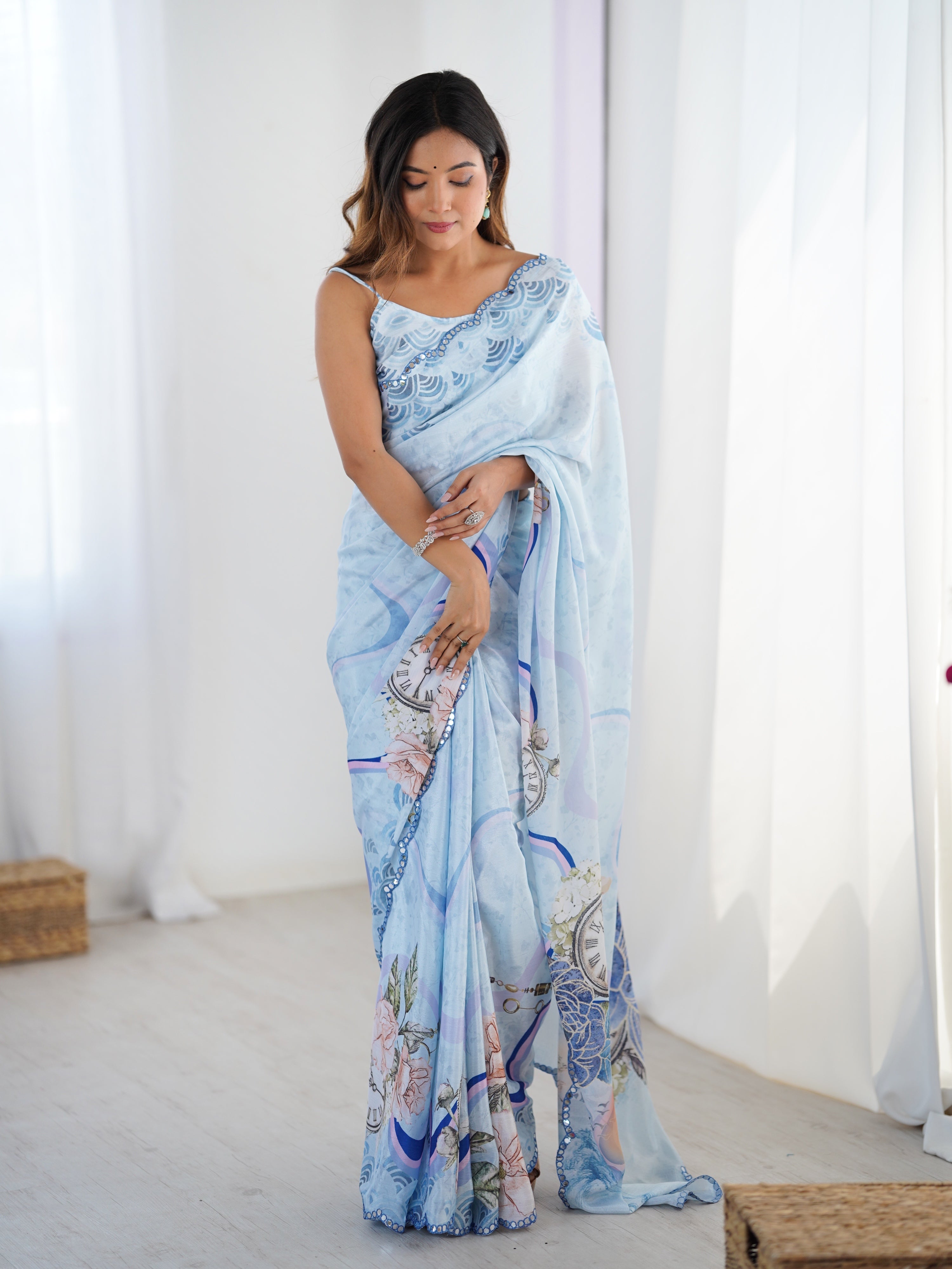 Sky Blue Chinon Digital Printed Saree with Mirror Lace Border