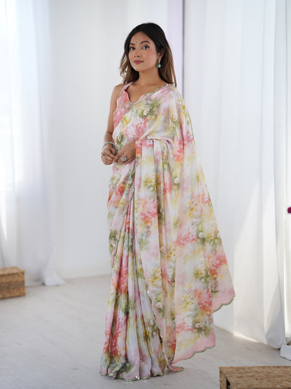 Multicolor Chinon Digital Printed Saree with Mirror Lace Border