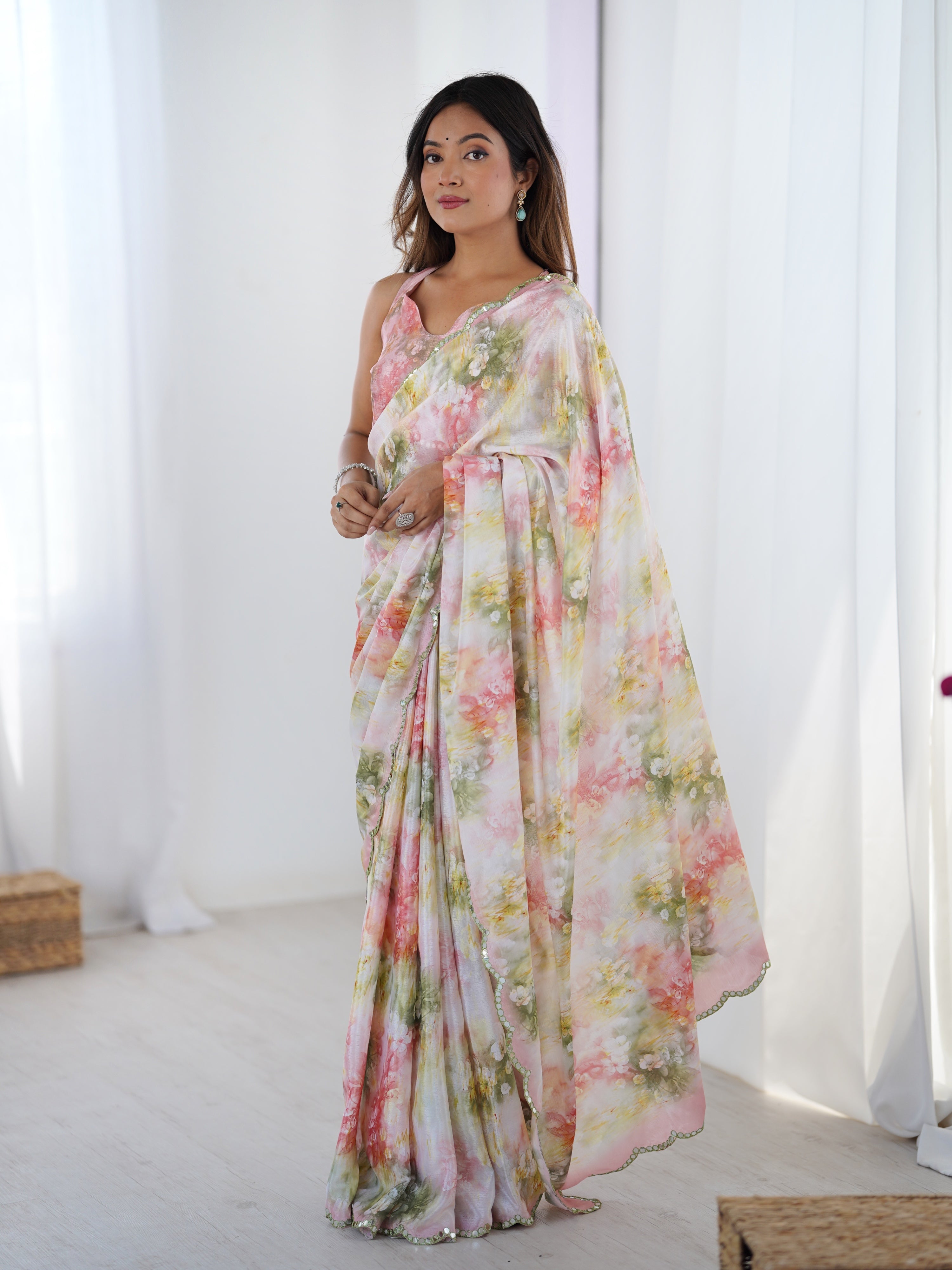 Multicolor Chinon Digital Printed Saree with Mirror Lace Border