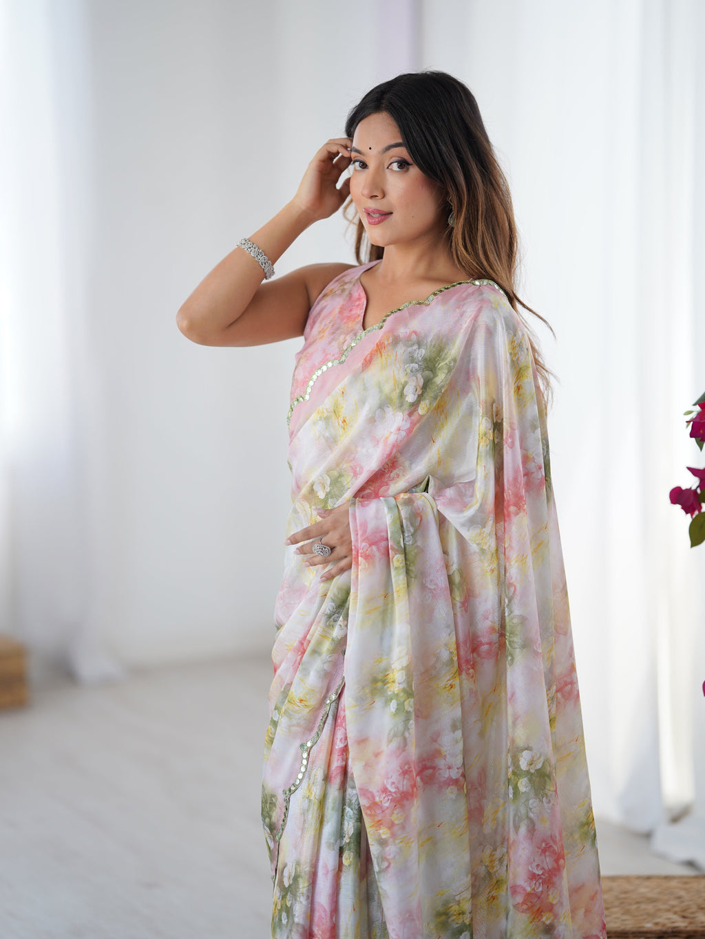 Multicolor Chinon Digital Printed Saree with Mirror Lace Border
