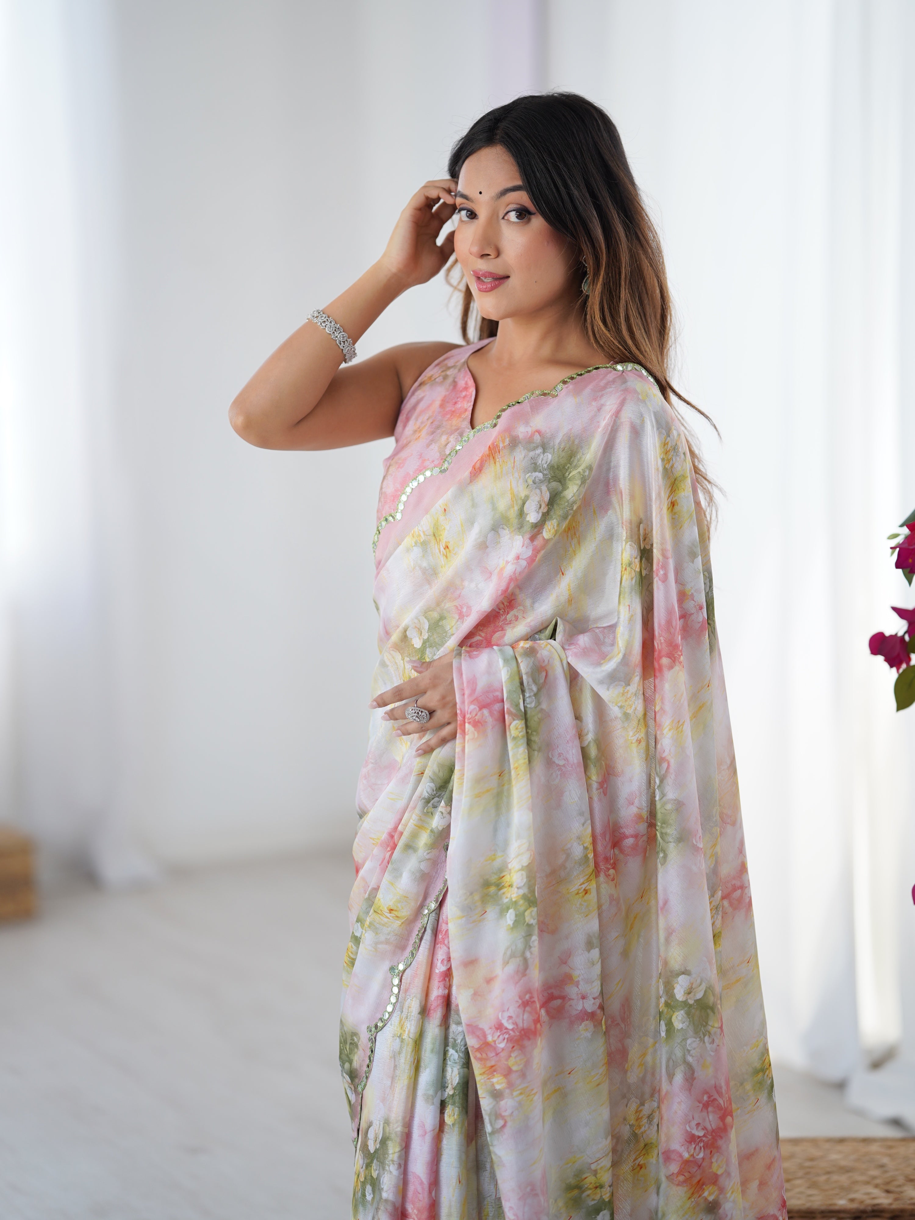 Multicolor Chinon Digital Printed Saree with Mirror Lace Border