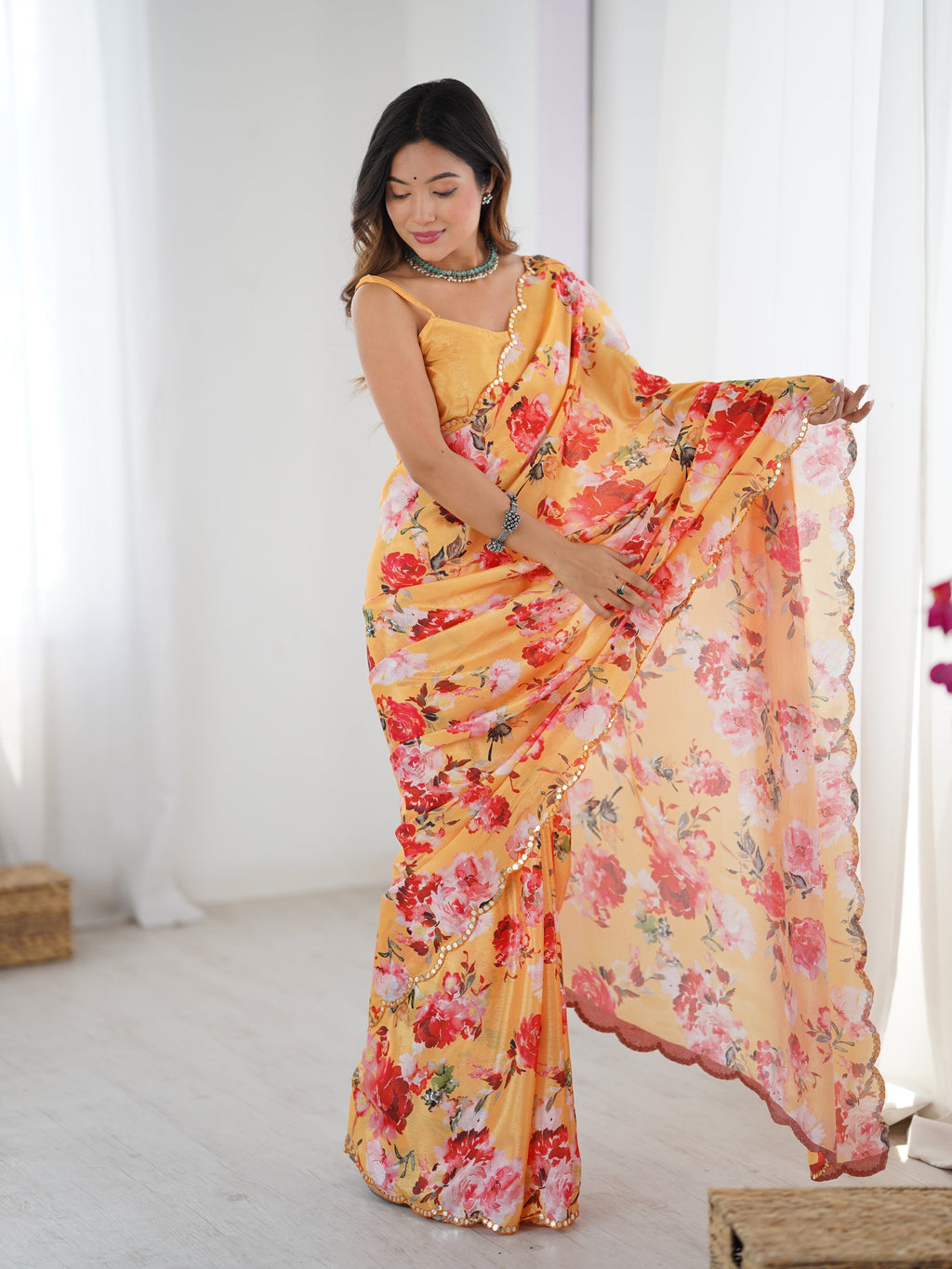 Yellow Chinon Digital Printed Designer Saree with Mirror Lace Border