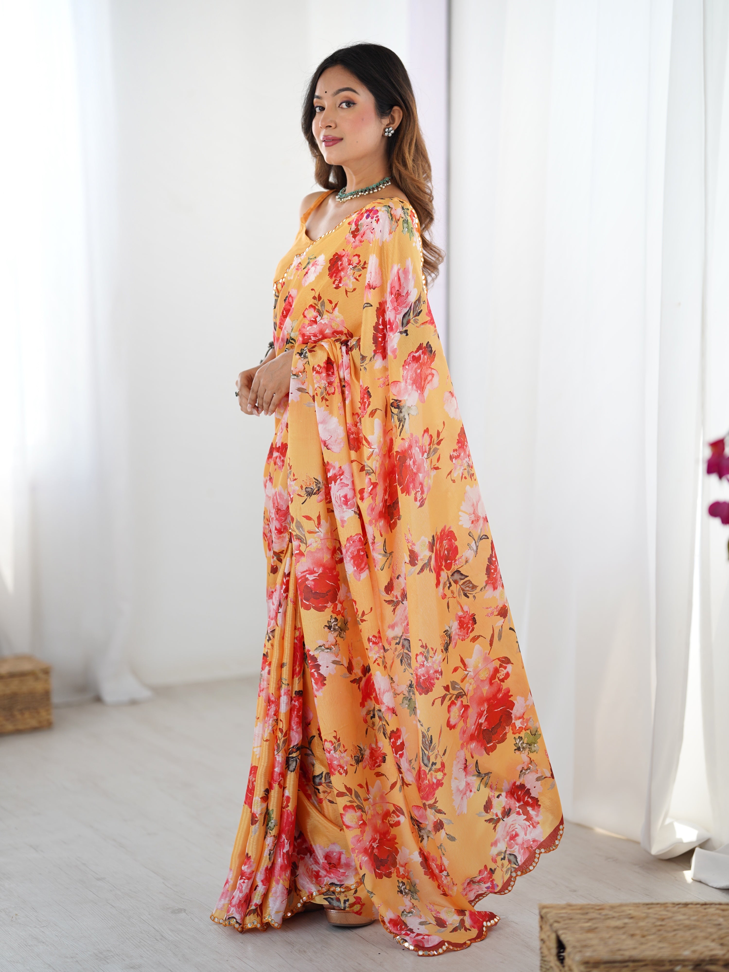 Yellow Chinon Digital Printed Designer Saree with Mirror Lace Border