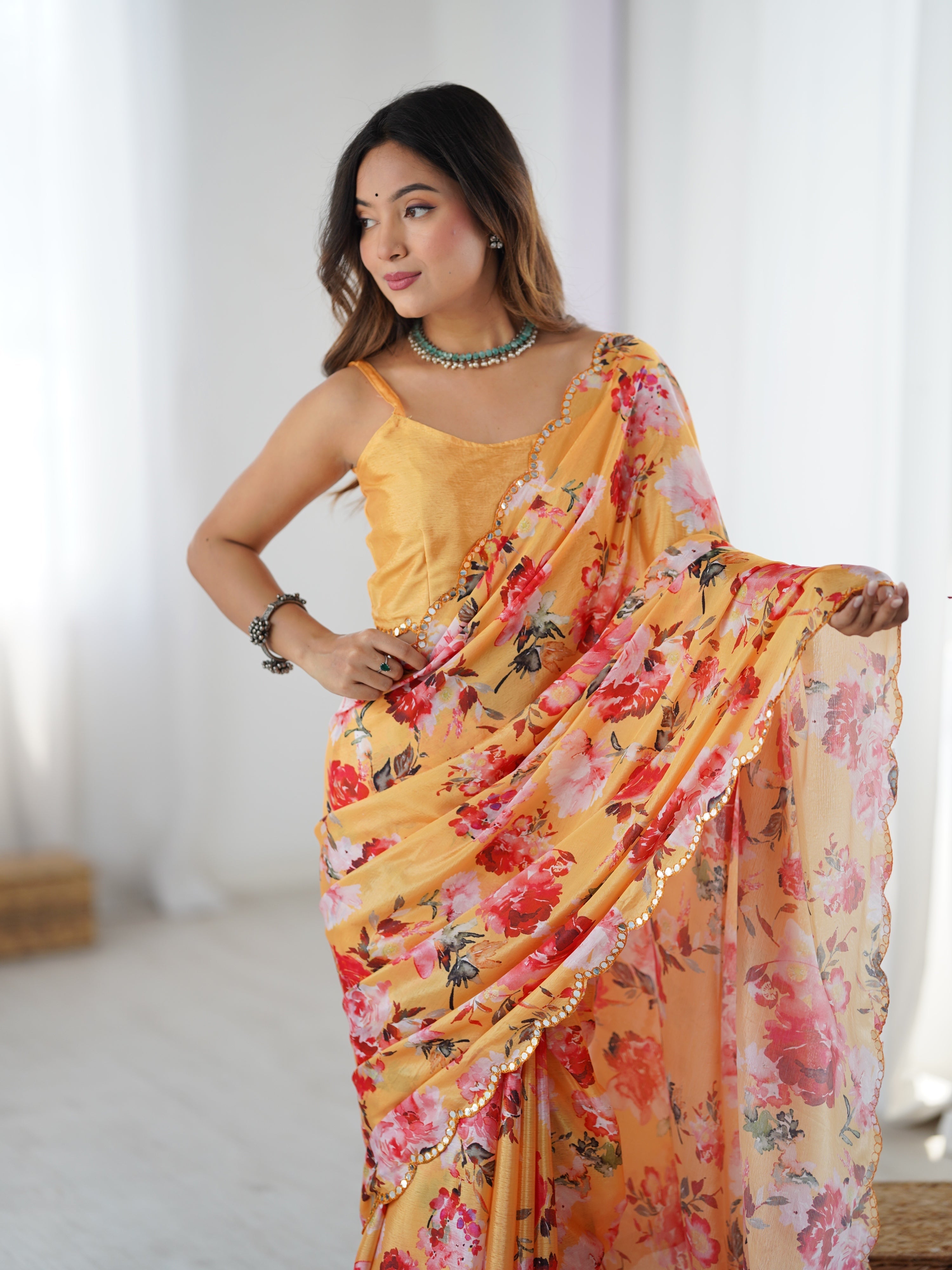 Yellow Chinon Digital Printed Designer Saree with Mirror Lace Border