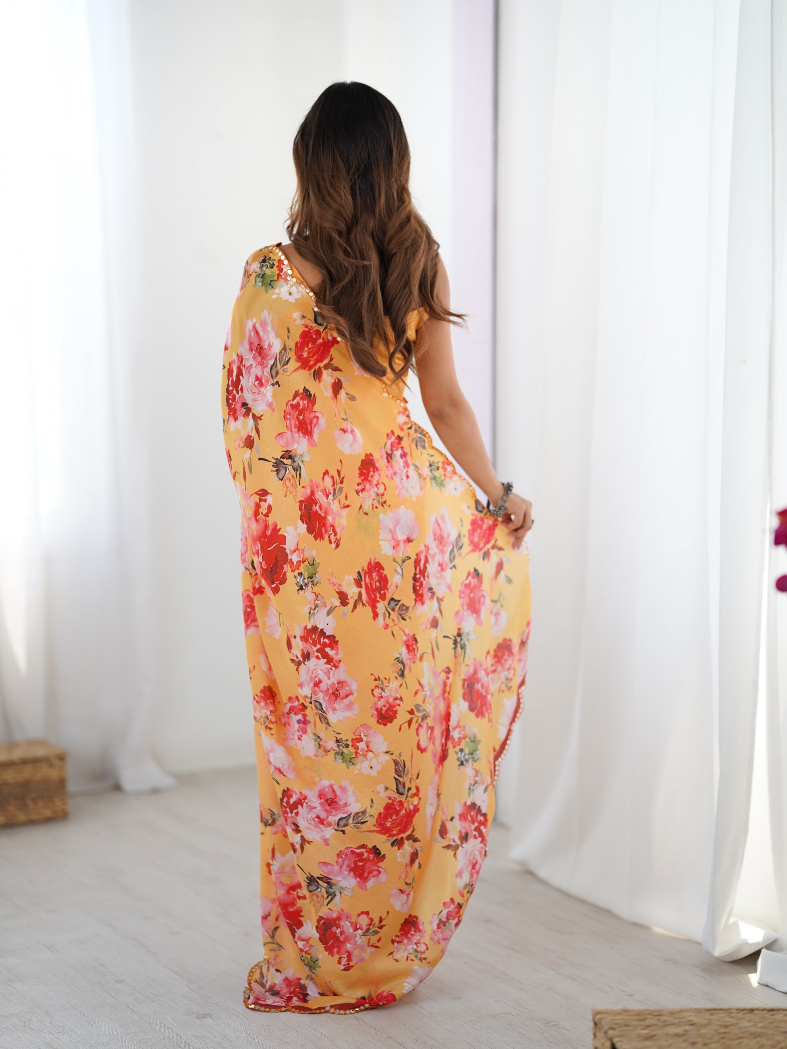 Yellow Chinon Digital Printed Designer Saree with Mirror Lace Border