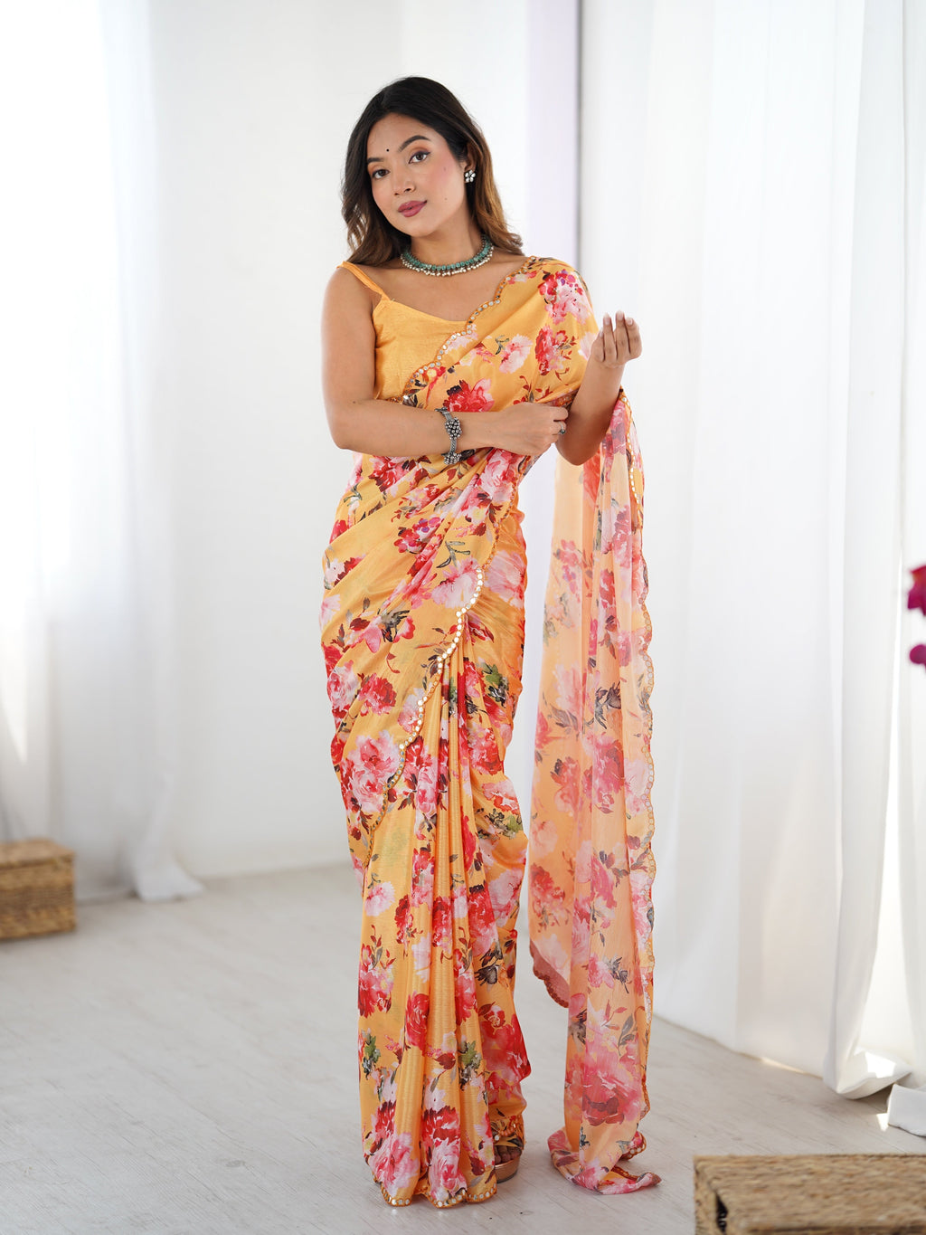 Yellow Chinon digital printed saree with mirror lace border and matching blouse fabric