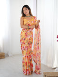 Yellow Chinon digital printed saree with mirror lace border and matching blouse fabric