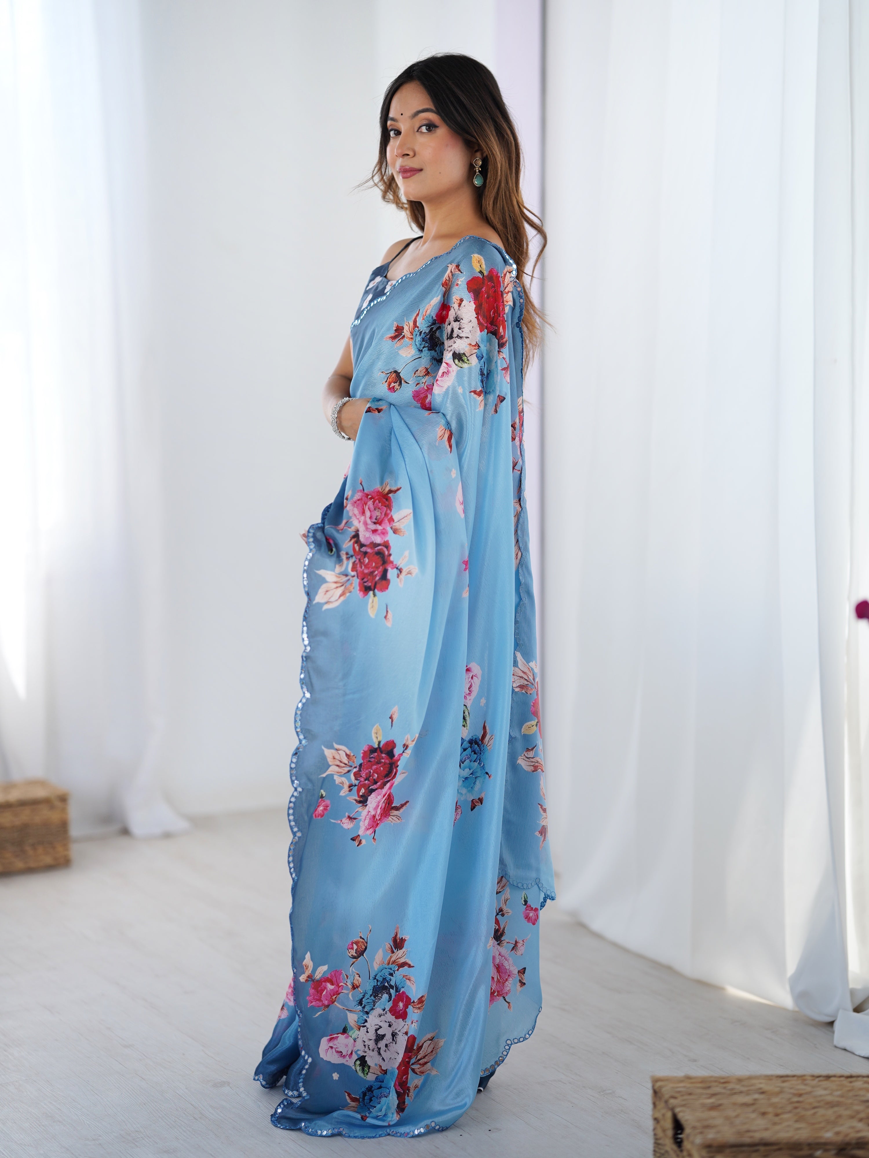 Sky Blue Chinon Digital Printed Designer Saree with Mirror Lace