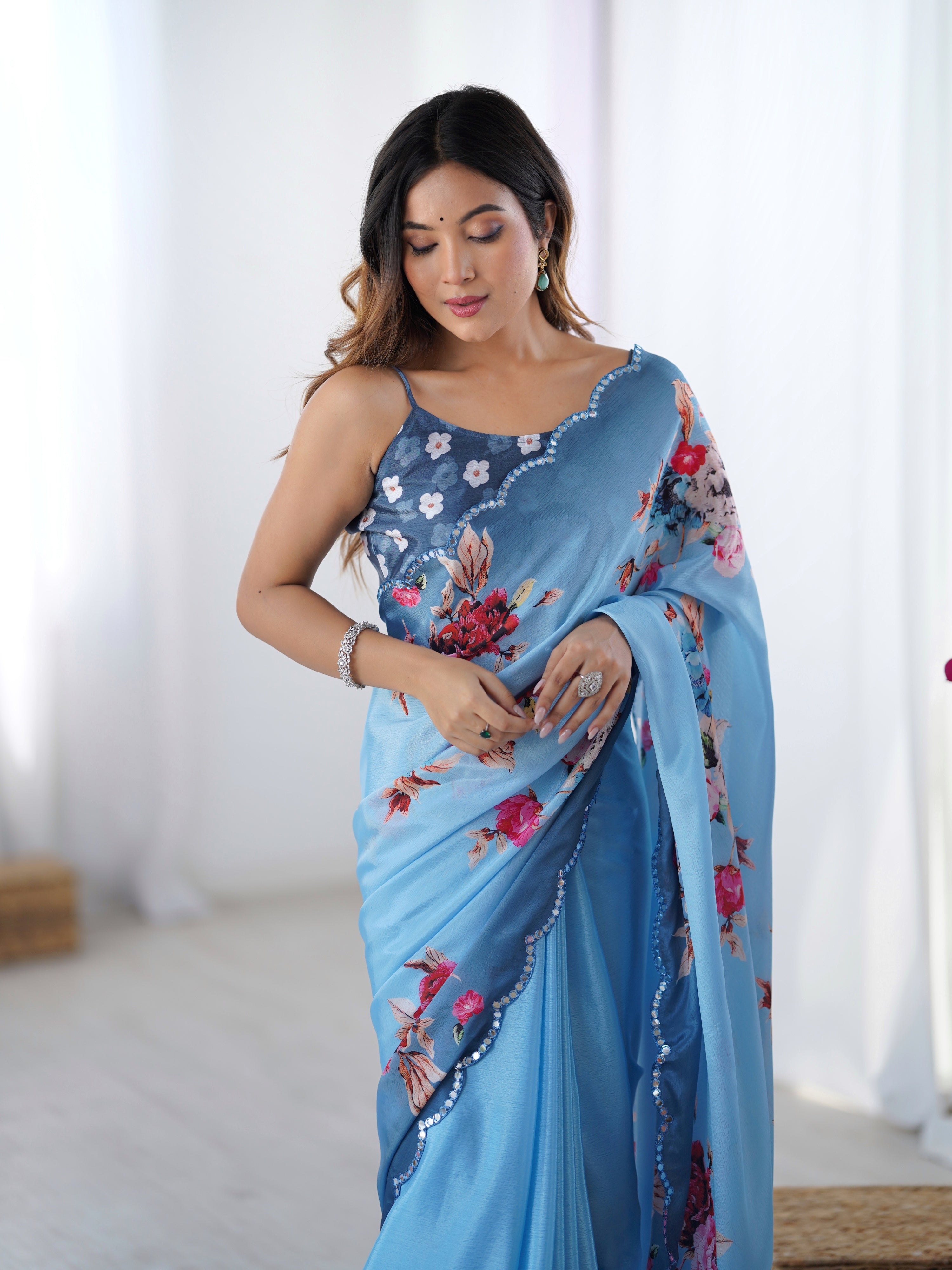 Sky Blue Chinon Digital Printed Designer Saree with Mirror Lace