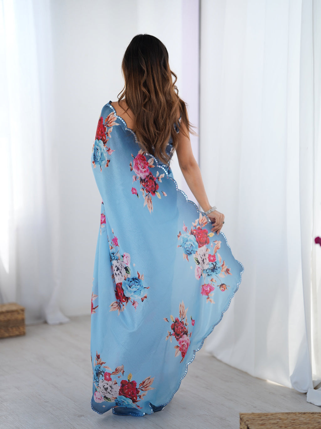 Sky Blue Chinon Digital Printed Designer Saree with Mirror Lace