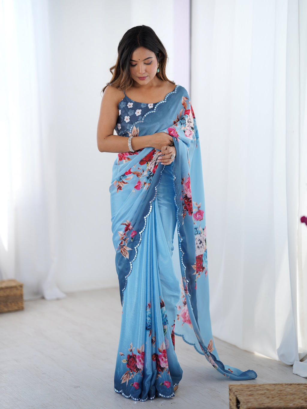 Sky Blue Chinon digital printed designer saree with mirror lace border