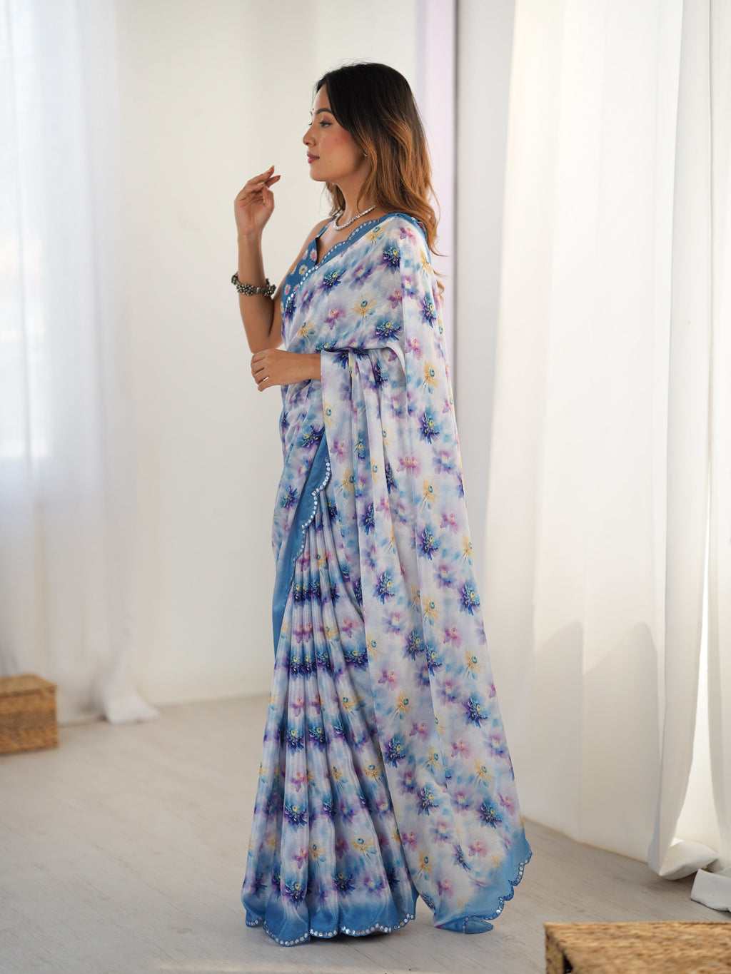 Blue Chinon Digital Printed Designer Saree with Mirror Border