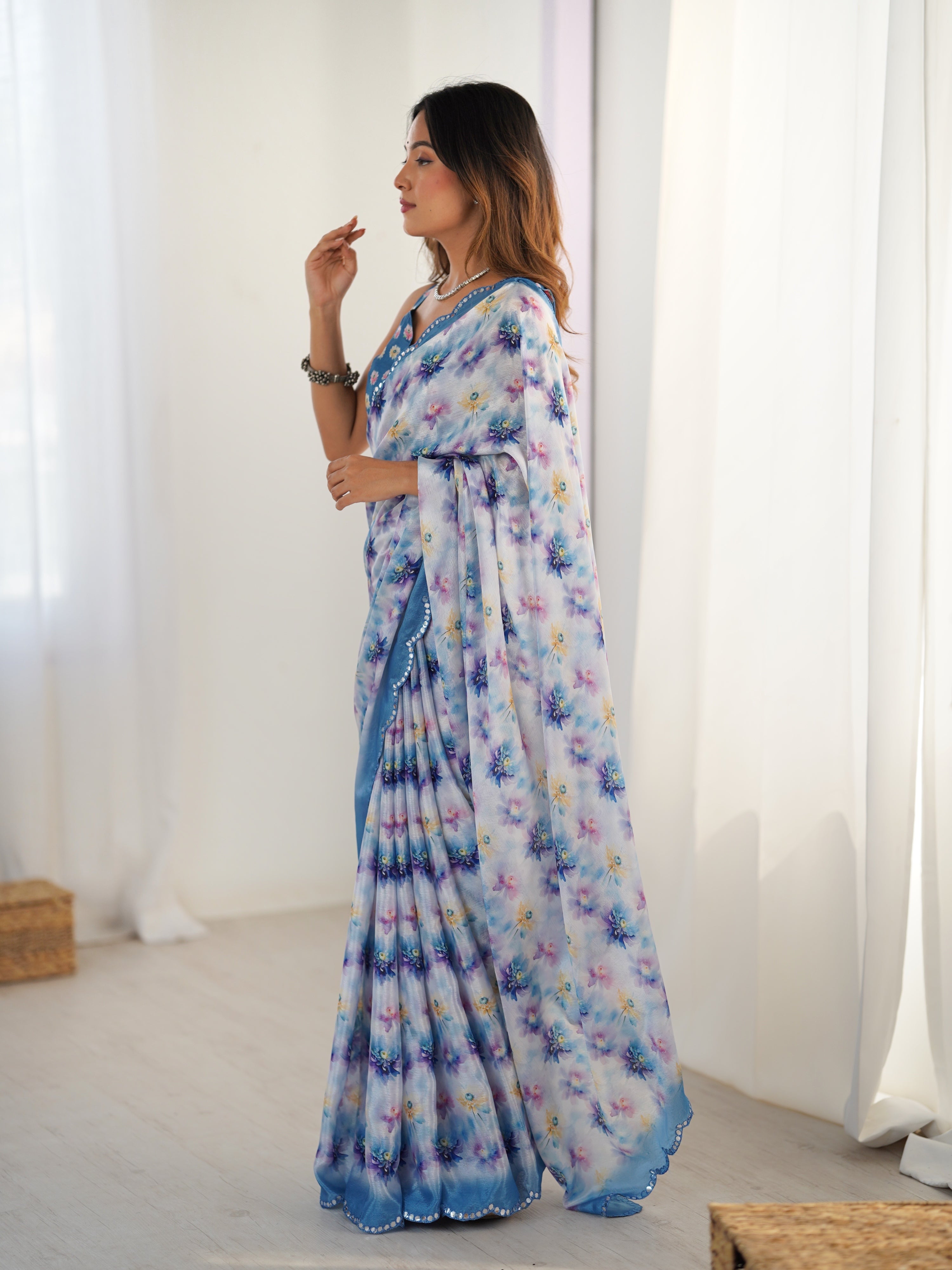 Blue Chinon Digital Printed Designer Saree with Mirror Border
