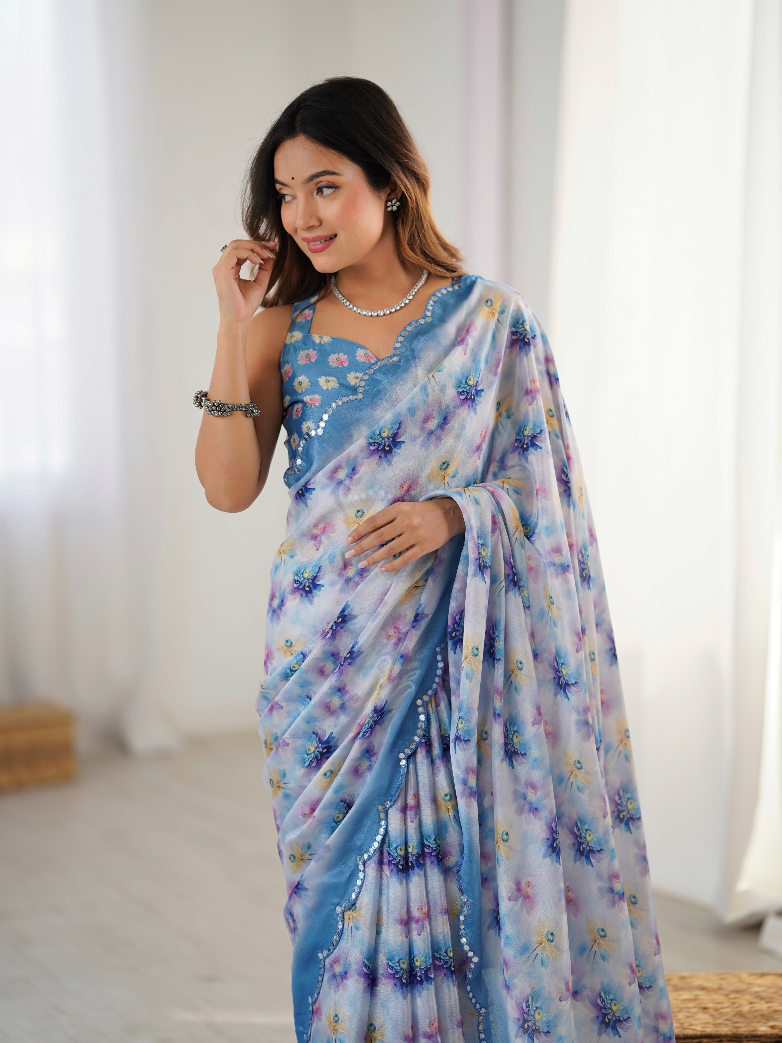 Blue Chinon Digital Printed Designer Saree with Mirror Border