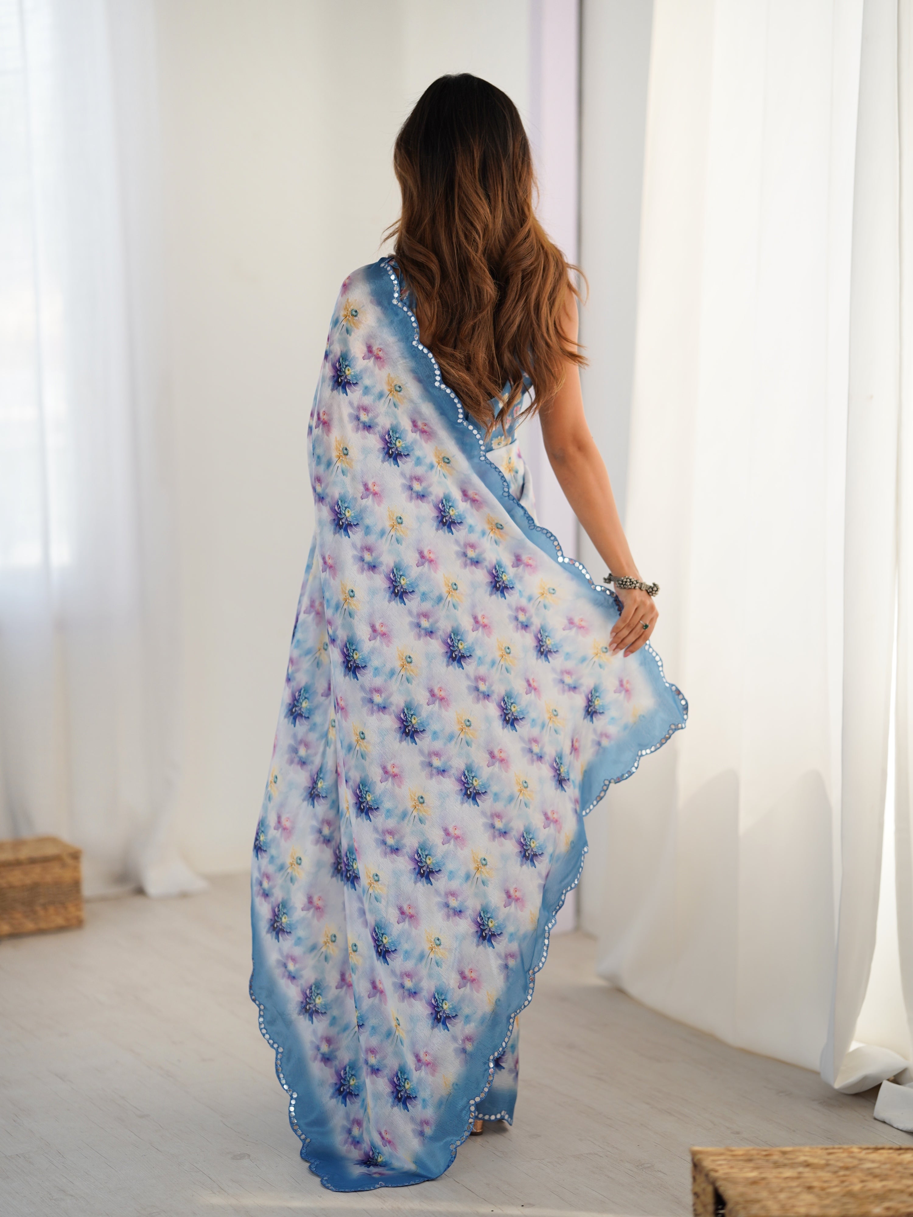 Blue Chinon Digital Printed Designer Saree with Mirror Border