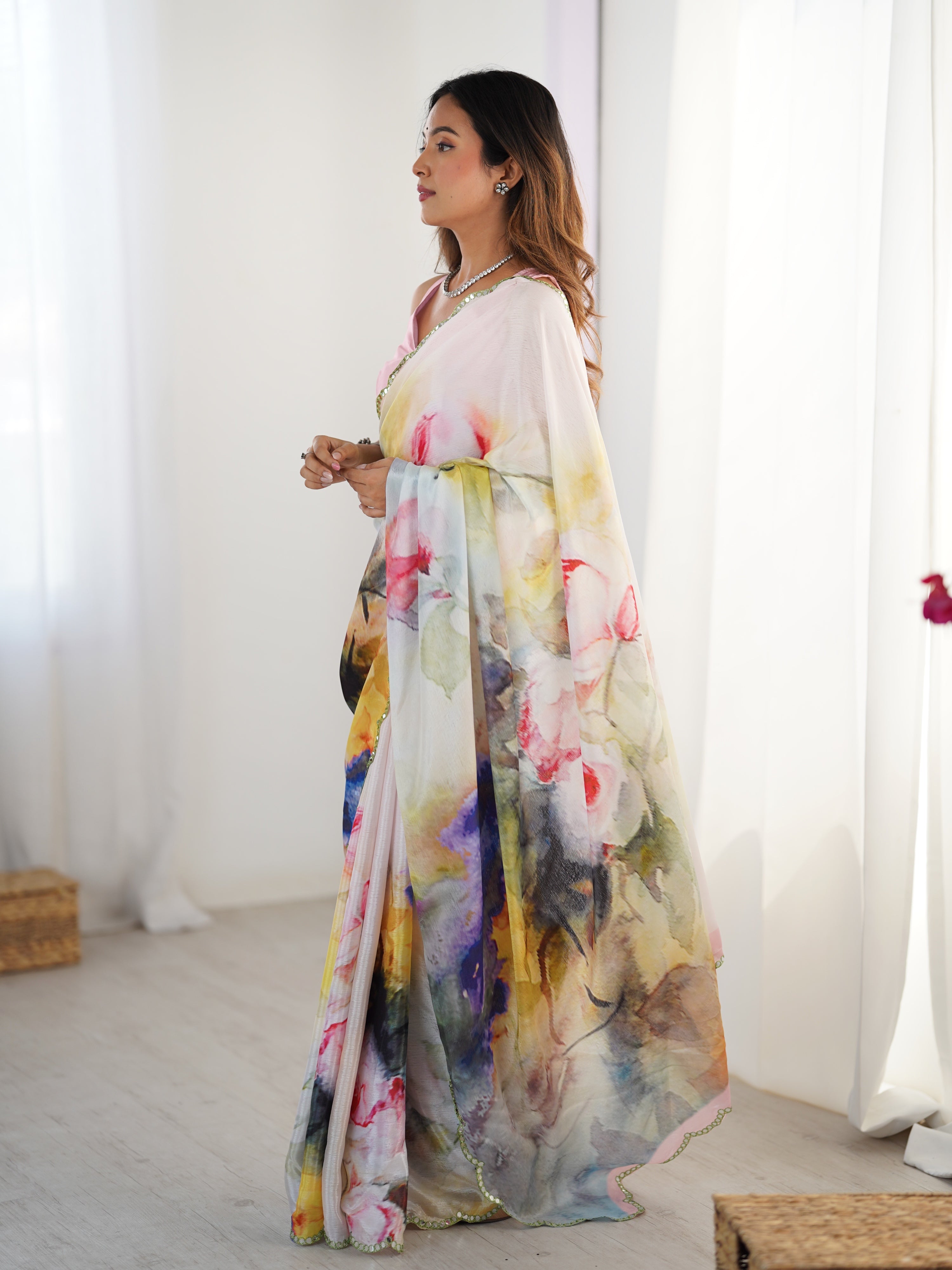 Multicolor Chinon Digital Printed Designer Saree with Mirror Lace