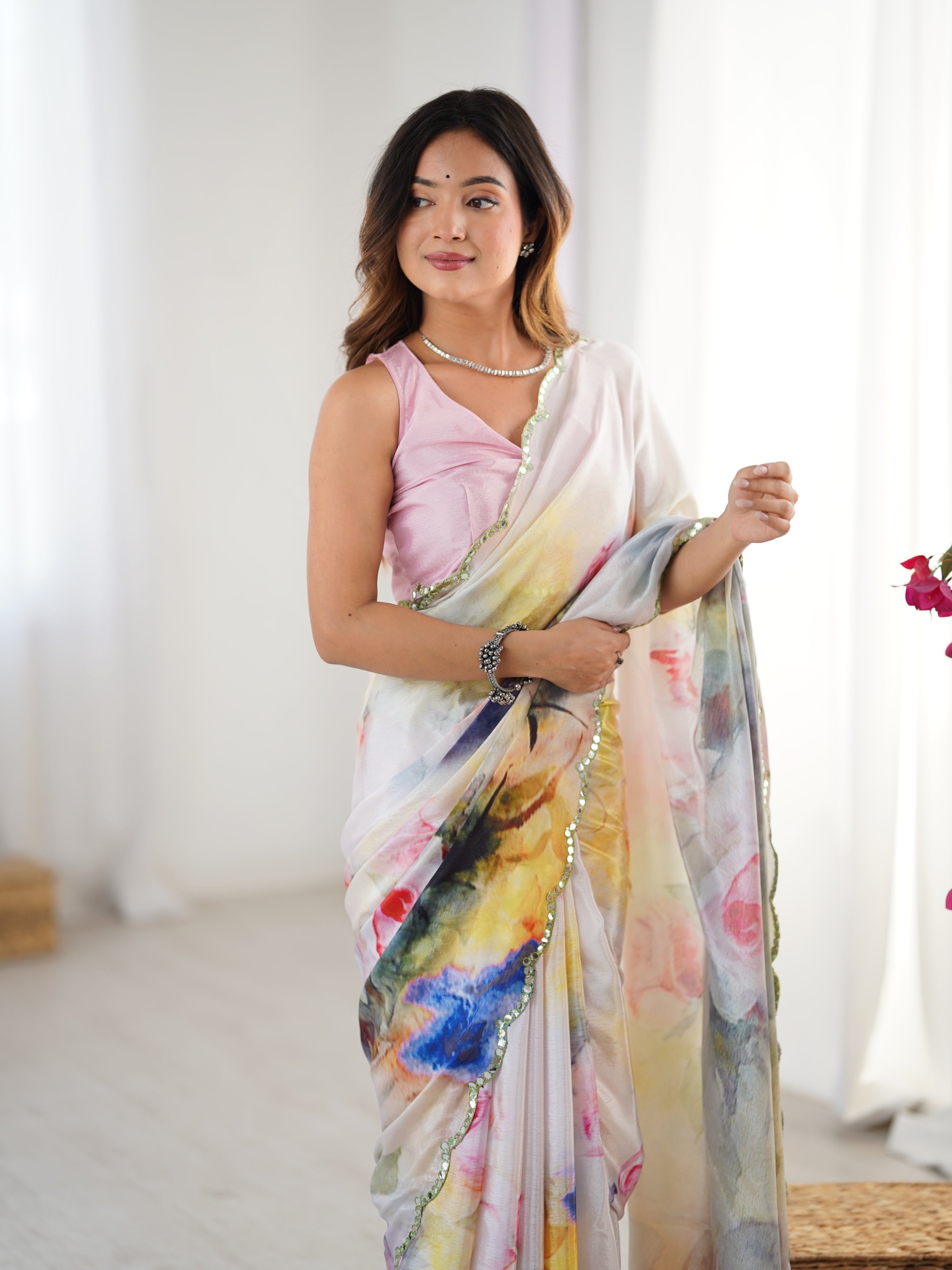 Multicolor Chinon Digital Printed Designer Saree with Mirror Lace