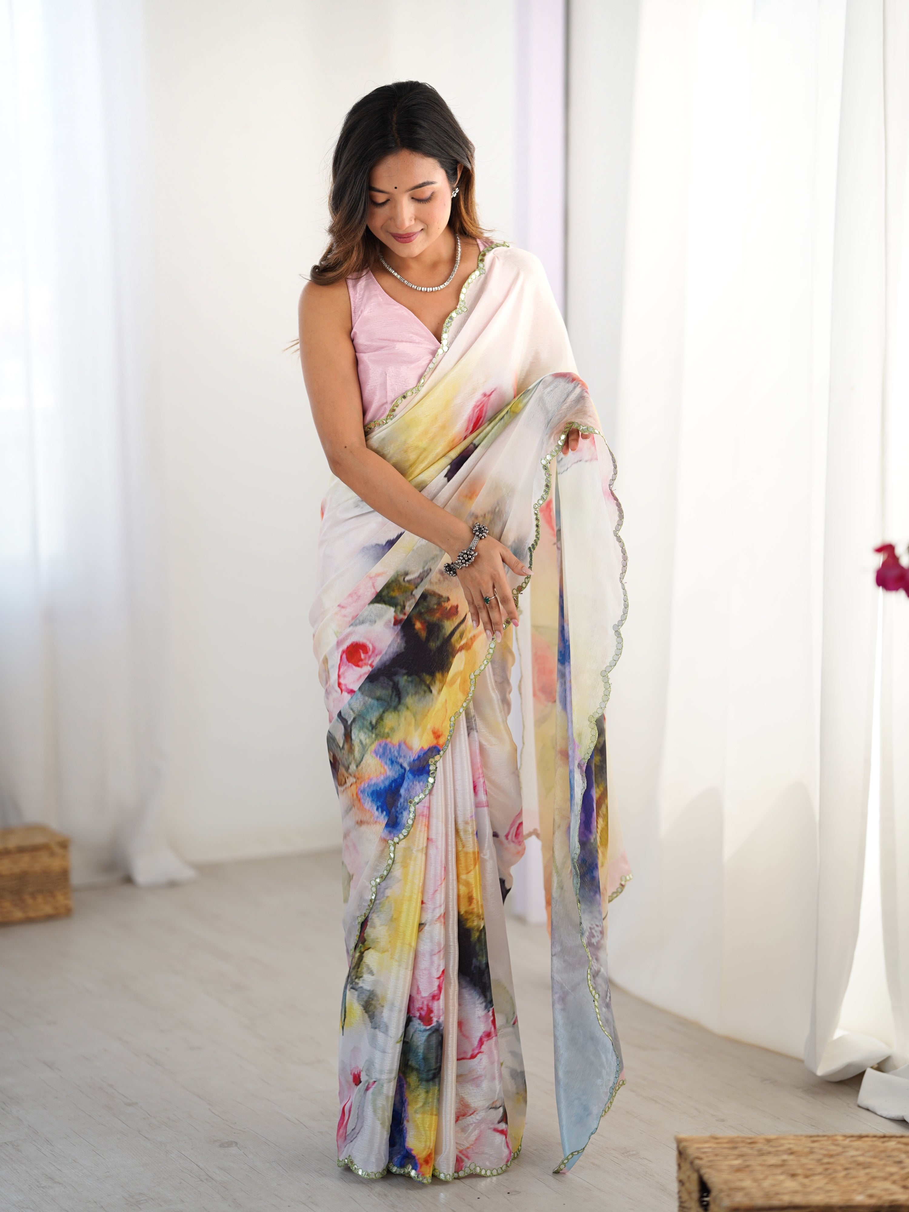 Multicolor Chinon designer saree featuring digital prints and mirror lace border