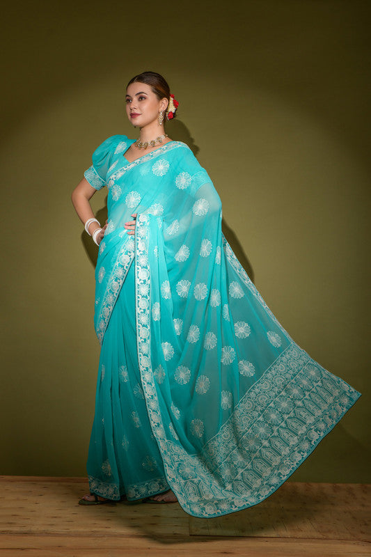 Turquoise Georgette Saree with Lakhnavi Thread Work and Blouse