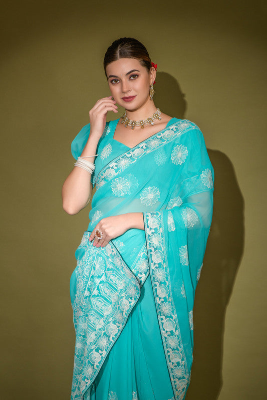 Turquoise Georgette Saree with Lakhnavi Thread Work and Blouse
